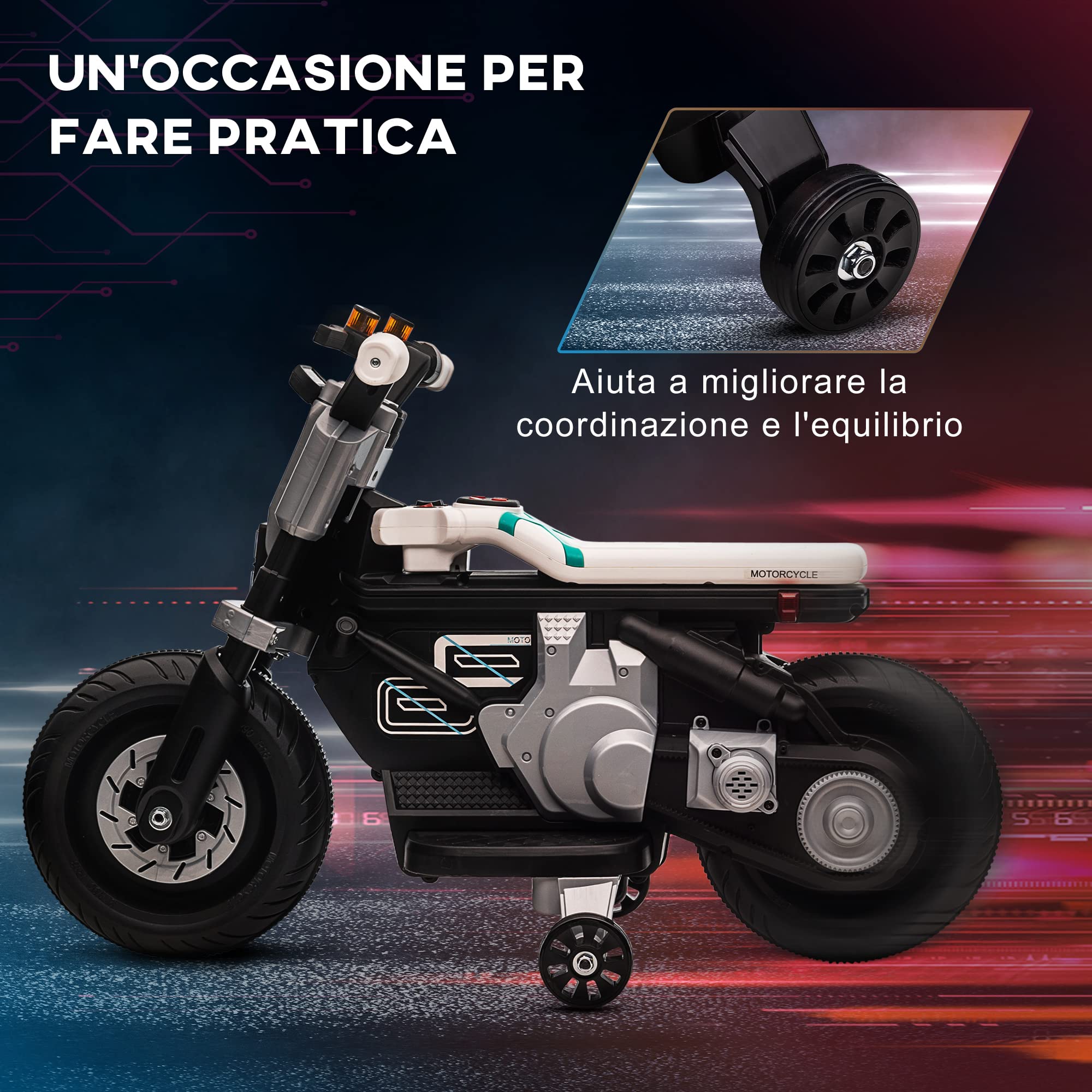 HOMCOM Moto Elettrica per Bambini 6V con Rotelle, Clacson, 4 Fari e Musica, Motorino Elettrico per Bambini 3-5 Anni in PP e Metallo, Velocità 3 km/h, 86x44x58 cm, Bianca
