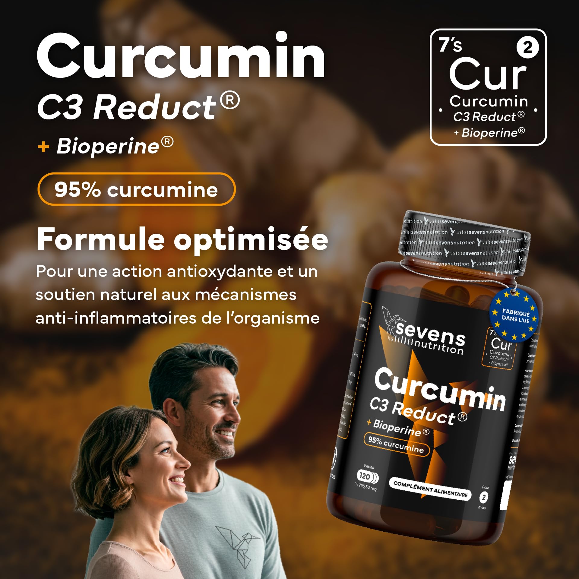 Curcumine C3 Reduct® avec BioPerine 95% – Curcuma Premium avec Huile d’Olive et MCT – 120 Softgels – Puissant Anti Inflammatoire Antioxydant Naturel Haute Absorption – Sevens