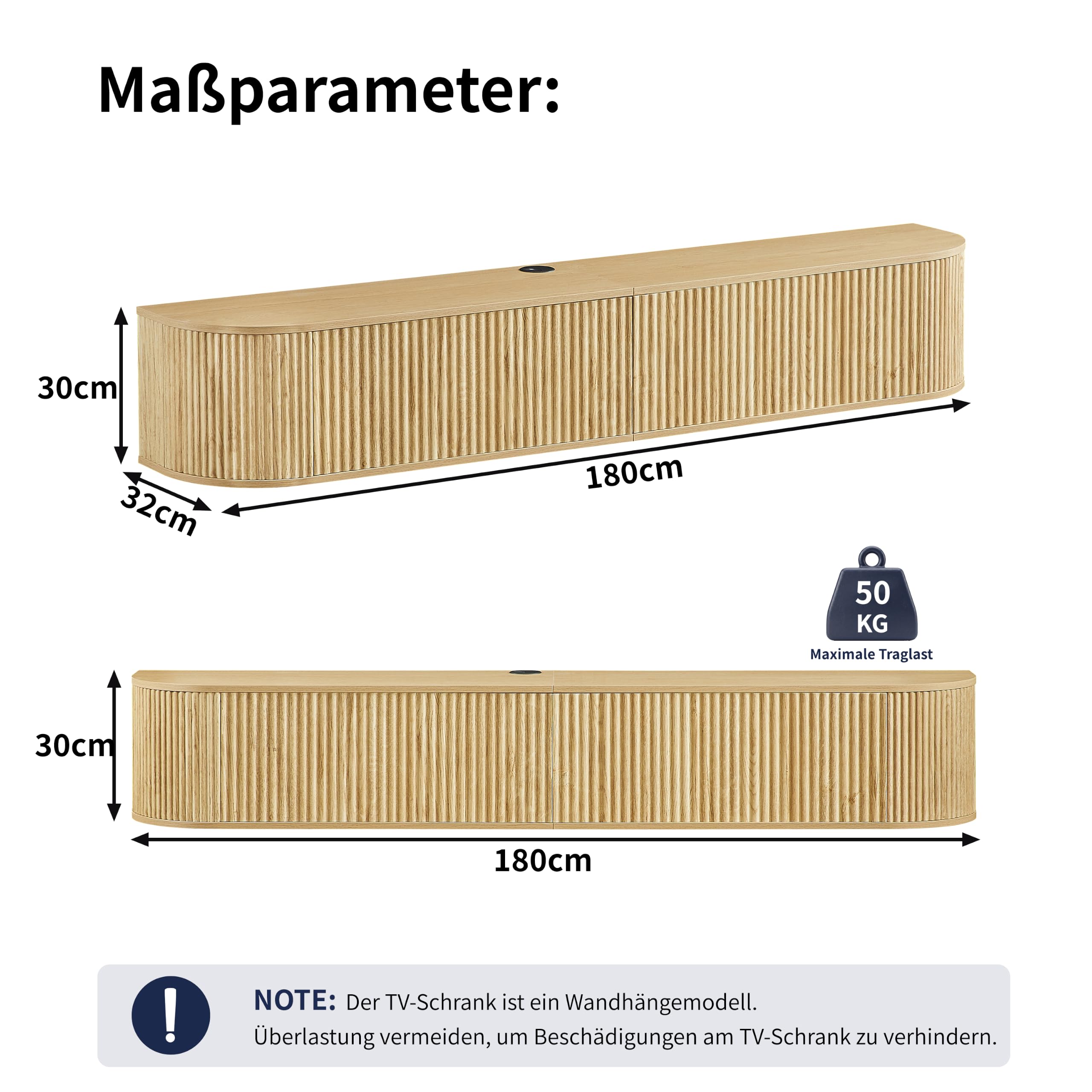 Mobile TV sospeso, adatto per televisori da 50 a 80 pollici, lunghezza 180 cm, grande capienza, moderno, versatile e combinabile con numerosi arredamenti, naturale