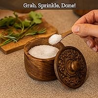 Vista 8 de Mie Creations Salero Rústico con Tapa Tallada a Mano y Cuchara, Cuencos de Madera para Pellizcar Sal Recipiente de Madera para Sal y Pimienta