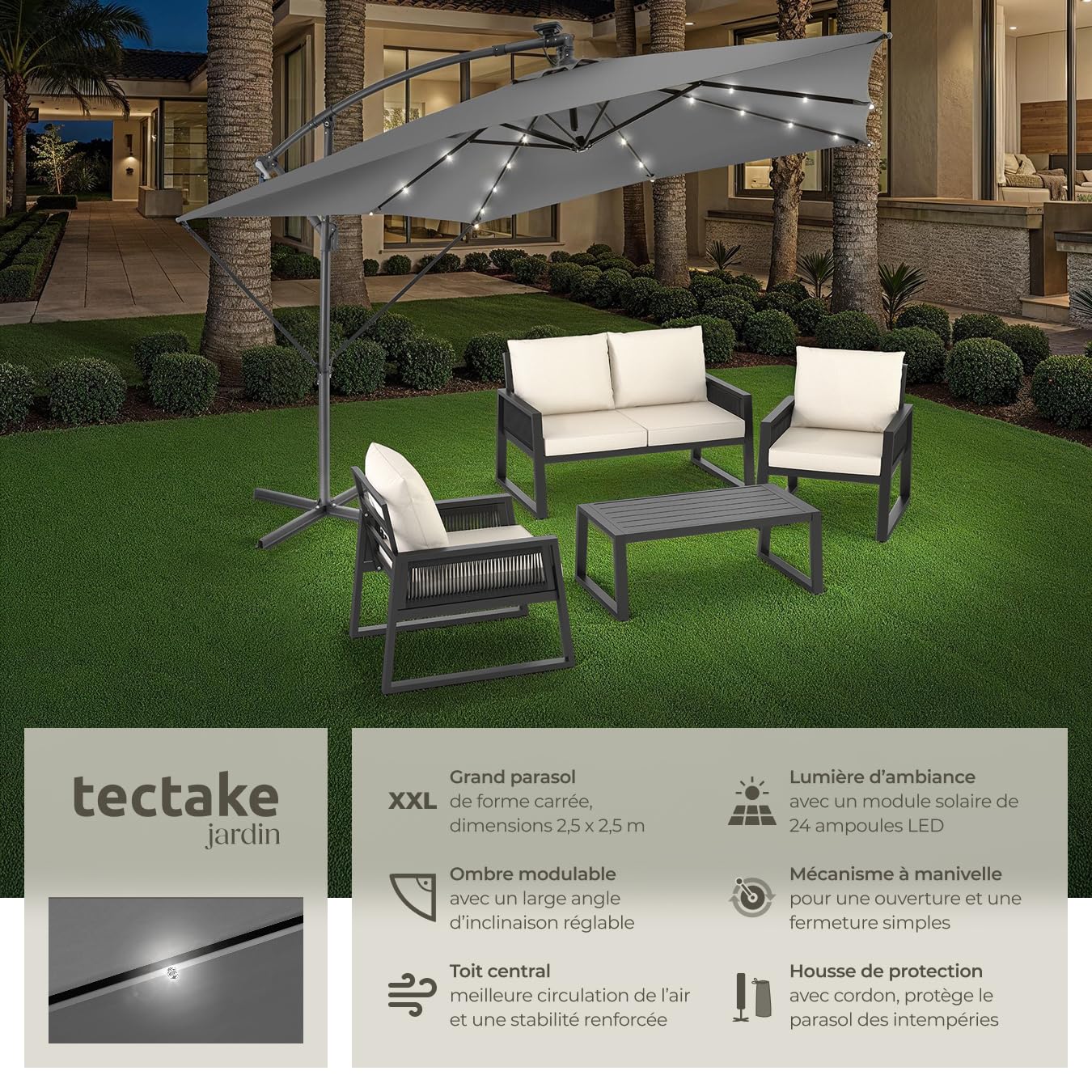tectake® Parasol de Jardin Exterieur Parasol déporté à manivelle 2,5x2,5m avec éclairage LED solaire, Inclinable, Protection UV 50+ Résistant au vent, Housse de protection incluse, Salon de jardin