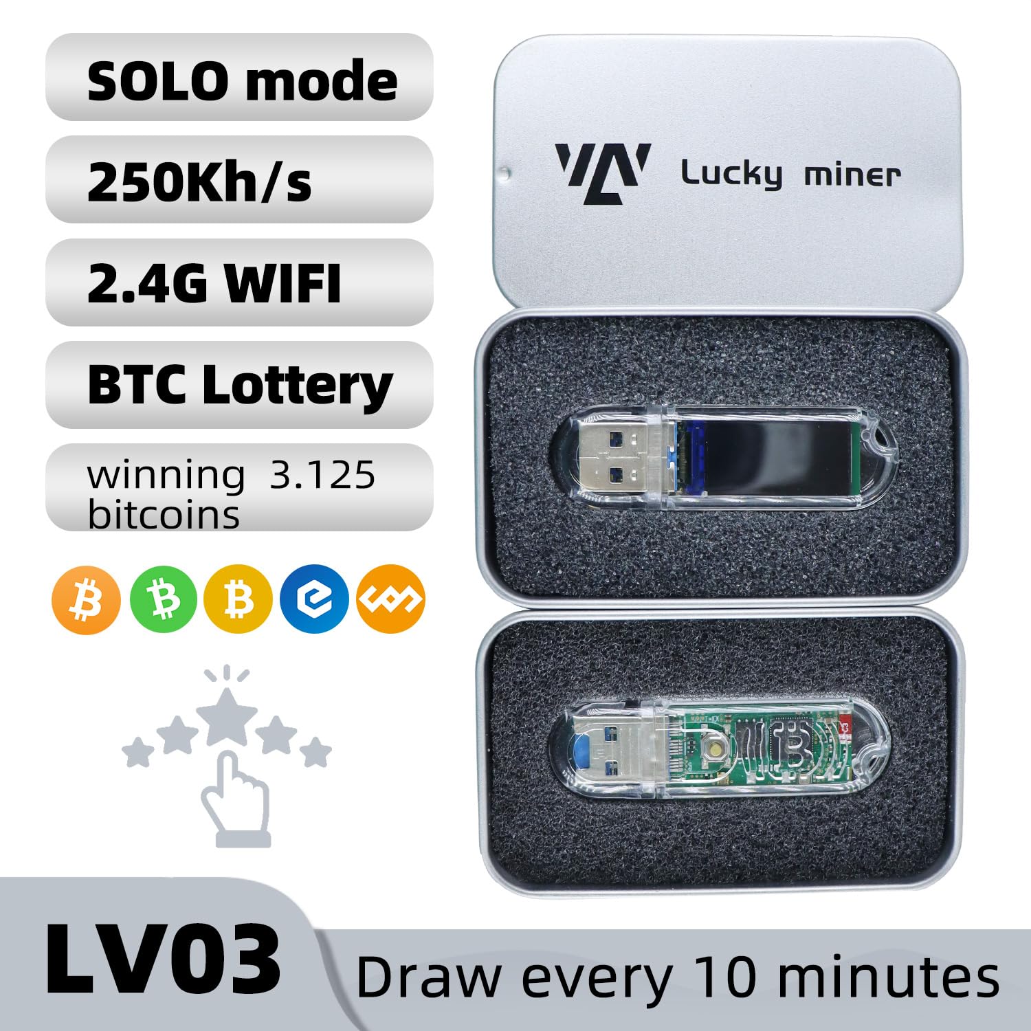 Lucky Miner LV03 USB Bitcoin Miner - 250KH/S Solo ASIC Device, 1W Low-Power, 2.4G WiFi, Mini Display, Phone & Laptop Compatible — view 3