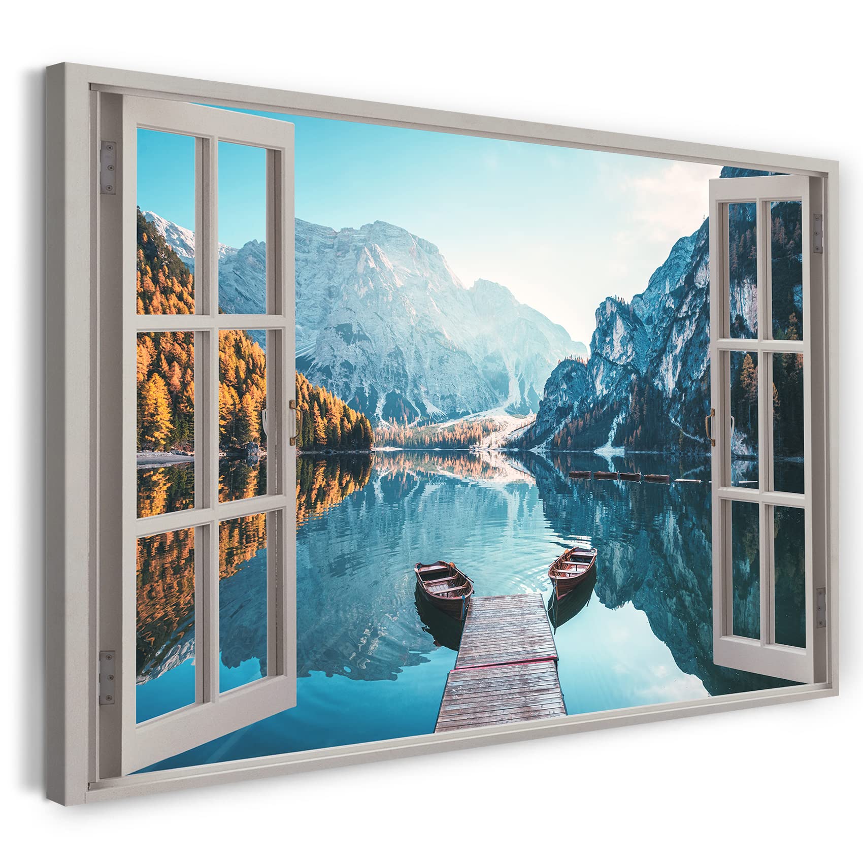 Printistico #01 Print On Canvas (100X70 Cm) View From The Window - Mountain, Lake, Reflection, Boat, Summer, Alps, Nature Photography, Real Wooden Frame With Hook