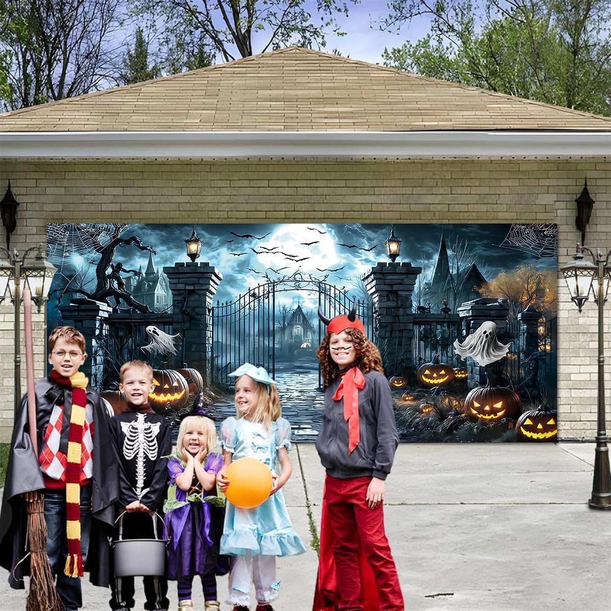 7x16FT Halloween Garage Door Cover - Spooky Castle and Scary Night Decorations Banner - Full Moon Ghost and Evil Pumpkin Backdrop