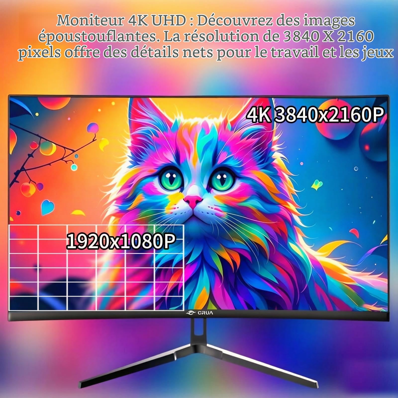 CRUA Écran PC 27 Pouces 4K UHD IPS 60 Hz, FreeSync, USB-C Écran 4K pour Bureautique et Gaming, Dalle IPS, FreeSync, USB-C, HDMI, DP, Haut-parleurs Intégrés, Montage VESA 75x75