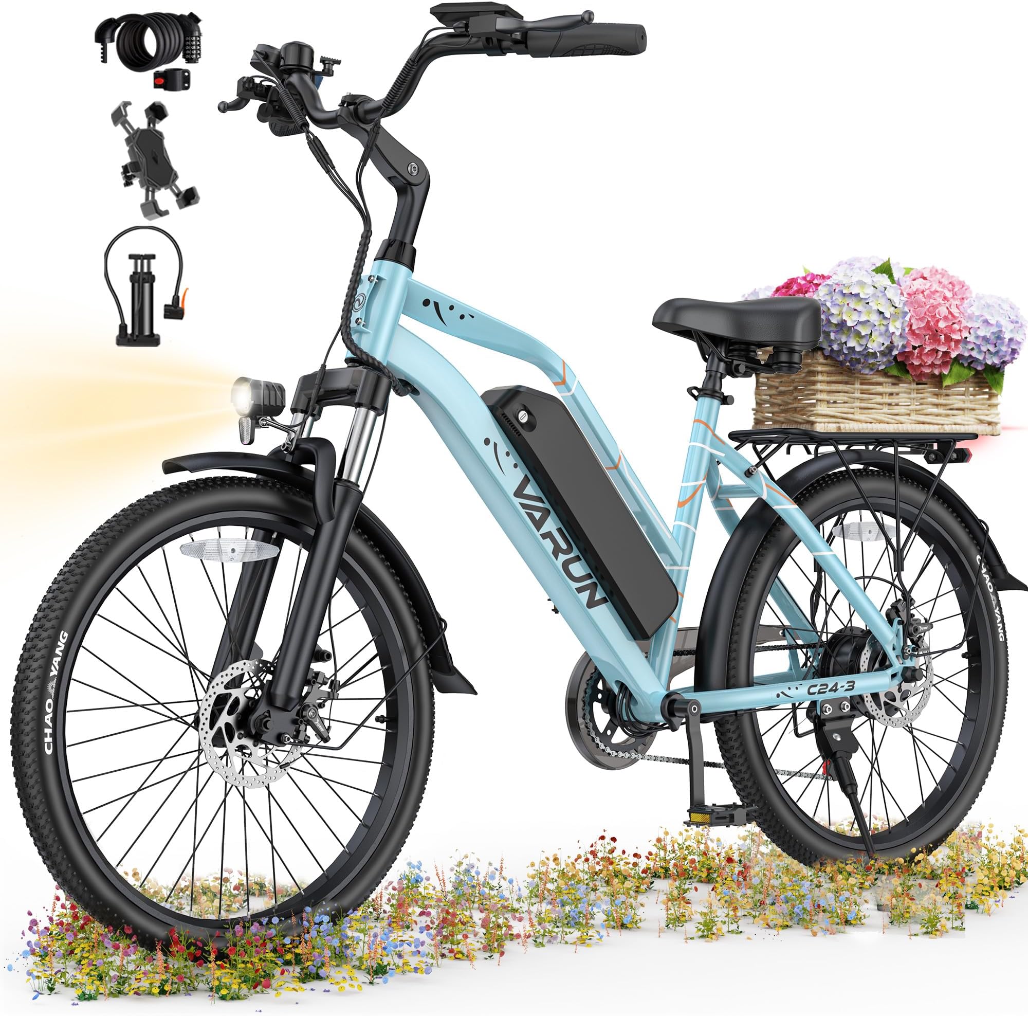 VARUN Electric Bike - Peak 750W Adults E Bike Up to 40+Miles, 48V Removable Battery, Shock Absorber, 7-Speed and Dual Disc Brakes,Stylish 24" Cruiser E-Bike Suitable for Commuting Parent