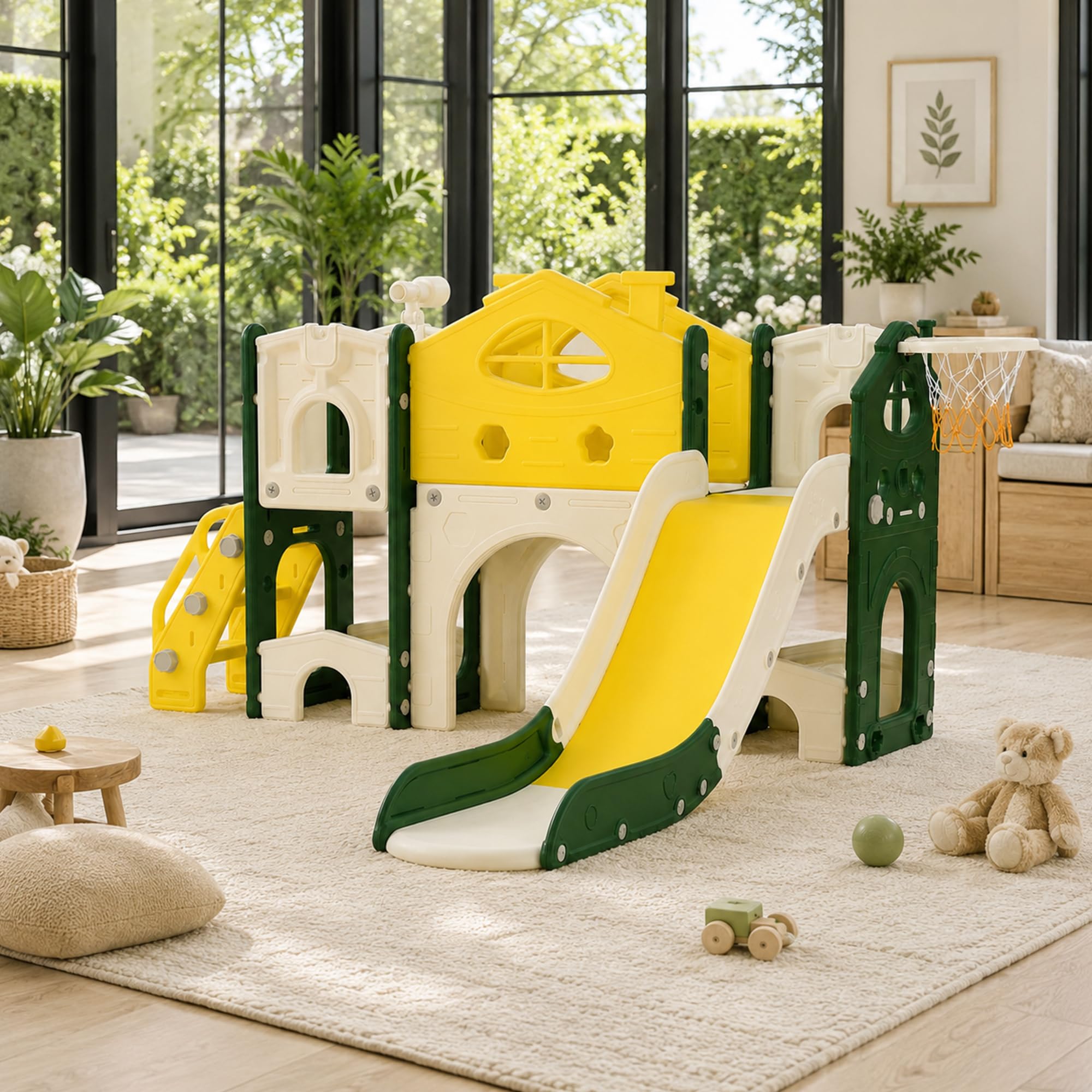 DULRLLY 5 in 1 Kinder Rutsche Indoor Outdoor, Rutschhaus mit Klettergerüst, Basketballkorb Und Tunnel, Schaukel und Treppe, Montessori Kinderspielplatz Wohnzimmer & Kinderzimmer ab 1–6 Jahre