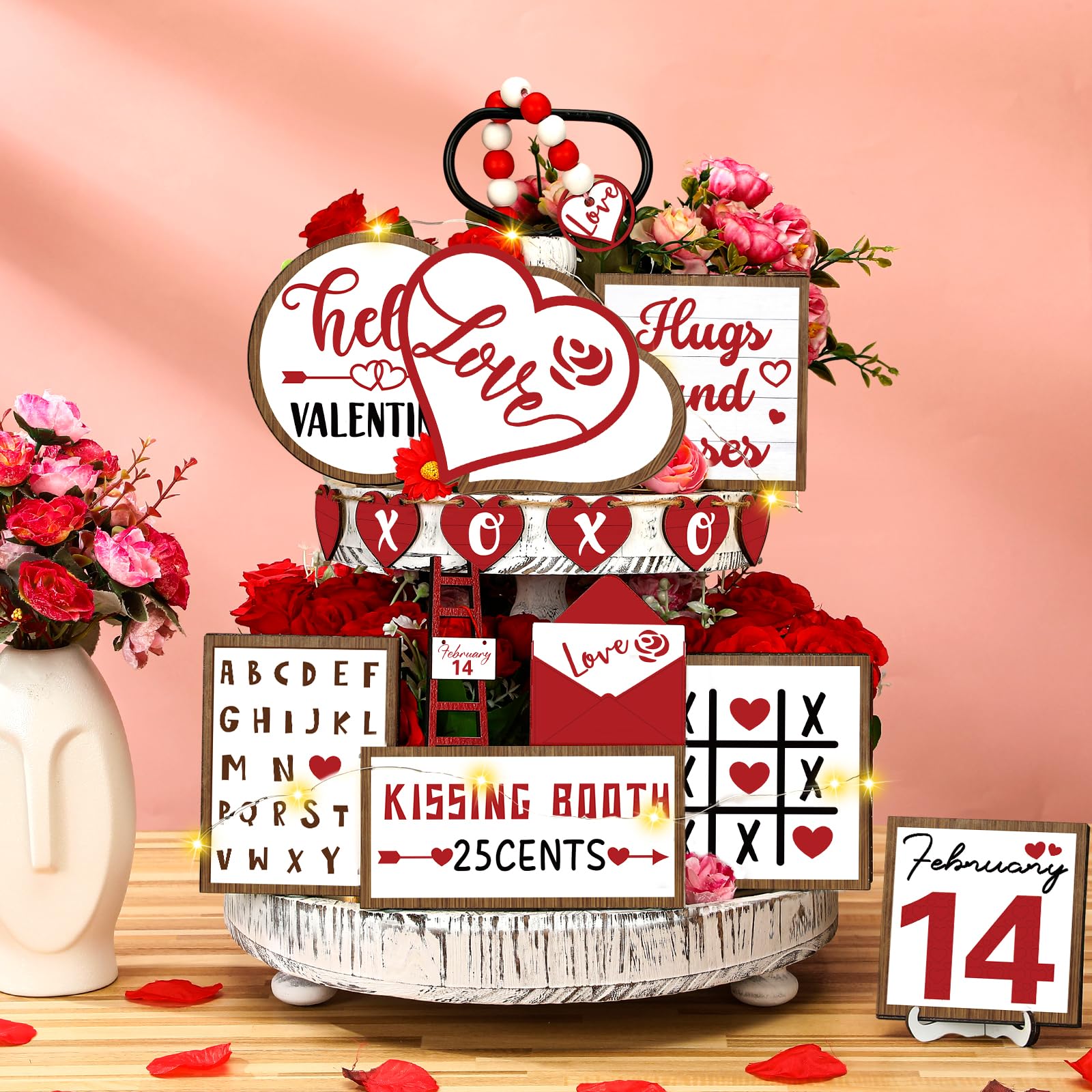 FairySandy 16 szt. walentynkowych warstwowych tacek zestaw dekoracji walentynkowy serce drewniany znak dom wiejski romantyczny słodki dekoracja stołu miłość tematyczne elementy centralne do kuchni