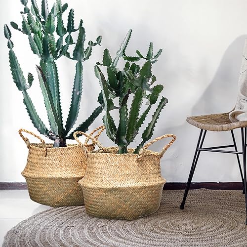 Miniatura 7 de Qunclay Cestas tejidas de hierba marina, plegable, bohemio, natural, con asas, redondas, decorativas, de mimbre, macetero grande para interiores y
