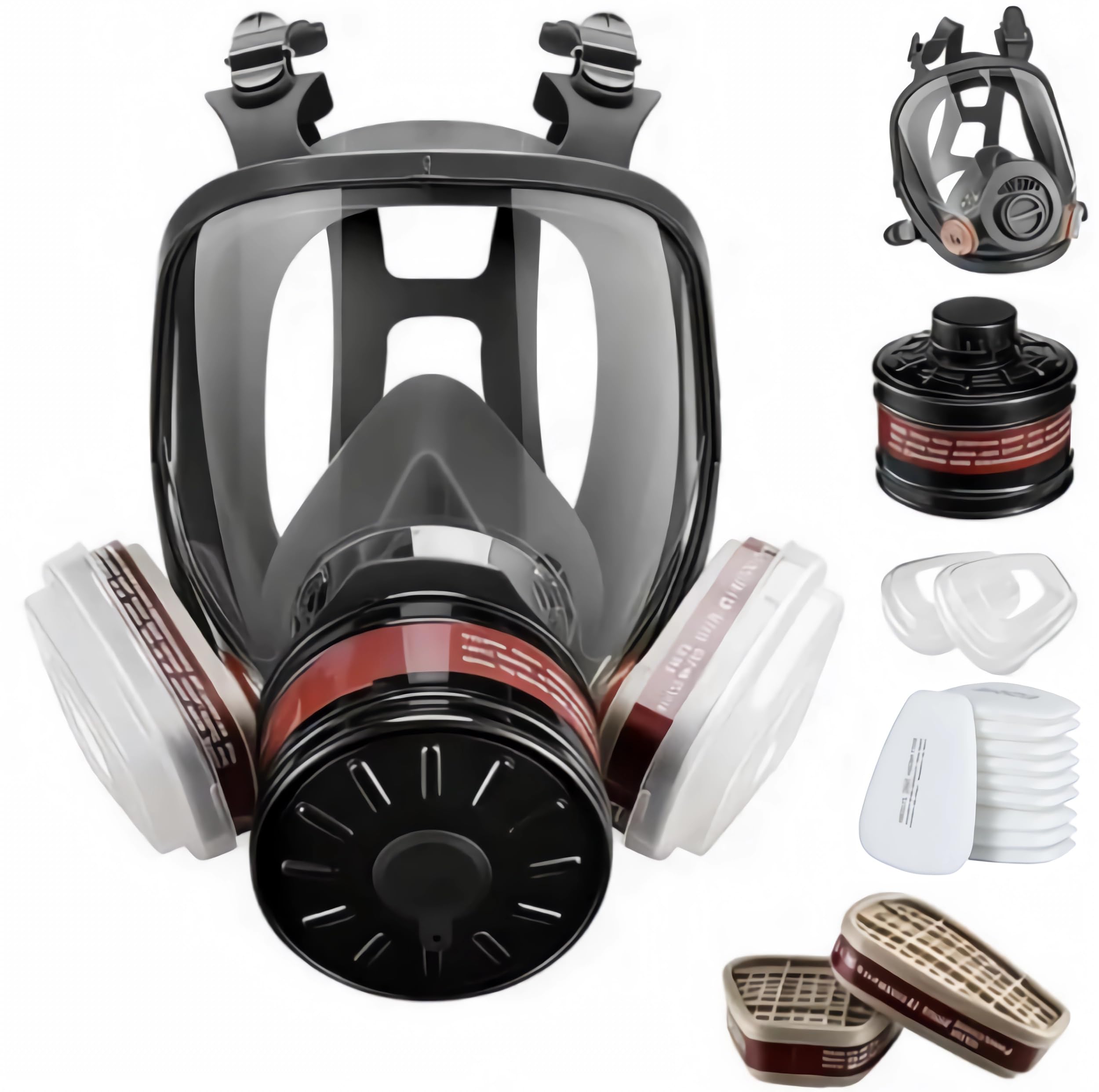 Masque respiratoire intégral avec filtre à charbon actif de 40 mm, filtres 6001CN, pour gaz, poussière, peinture aérosol et produits chimiques (masque + 40 mm + 6001 + 10 filtres)
