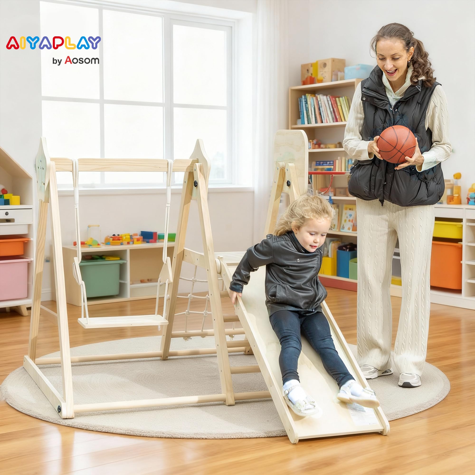 AIYAPLAY Tobogán Infantil 5 en 1, Estructura de Escalada de Madera con Tobogán, Columpio, Aro de Baloncesto, Tabla, Red de Escalada, Parque Plegable para Niños de 3-6 Años, Interior, Exterior, Natural