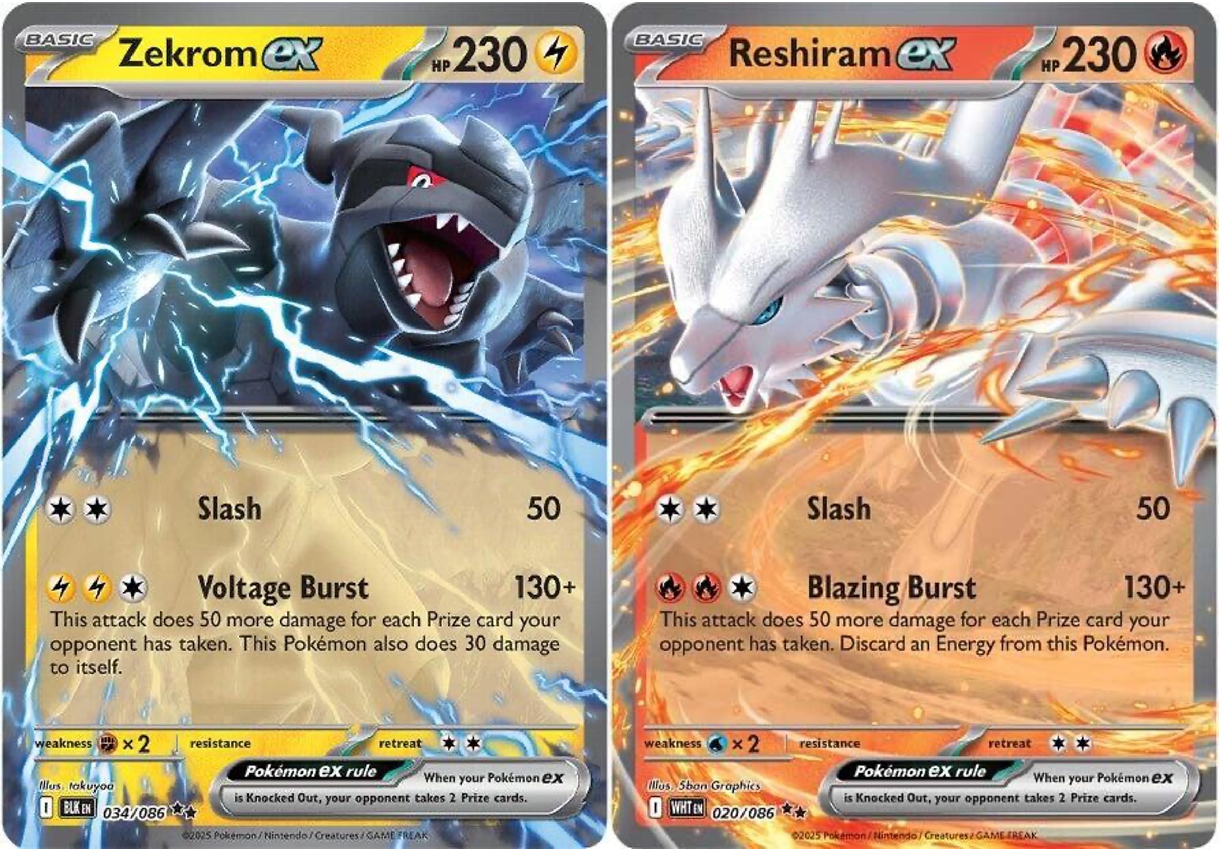 Pokemon - Zekrom ex 034/086 & Reshiram ex 020/086 - Black Bolt White Flare - Double Rare - 2 Card Lot