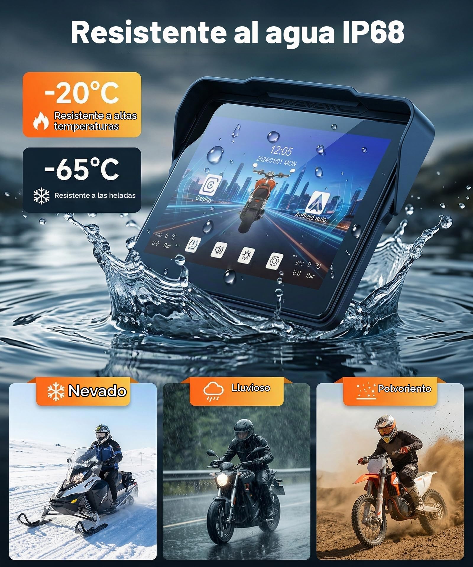 Inalámbrico Carplay Pantalla Motocicleta Android Auto, 7 Pulgadas Touchscreen CarPlay Radio Coche Portatile para Moto, Car Play Display para Motorbike con Mirror Link/Bluetooth/Navi/IP68 Impermeable