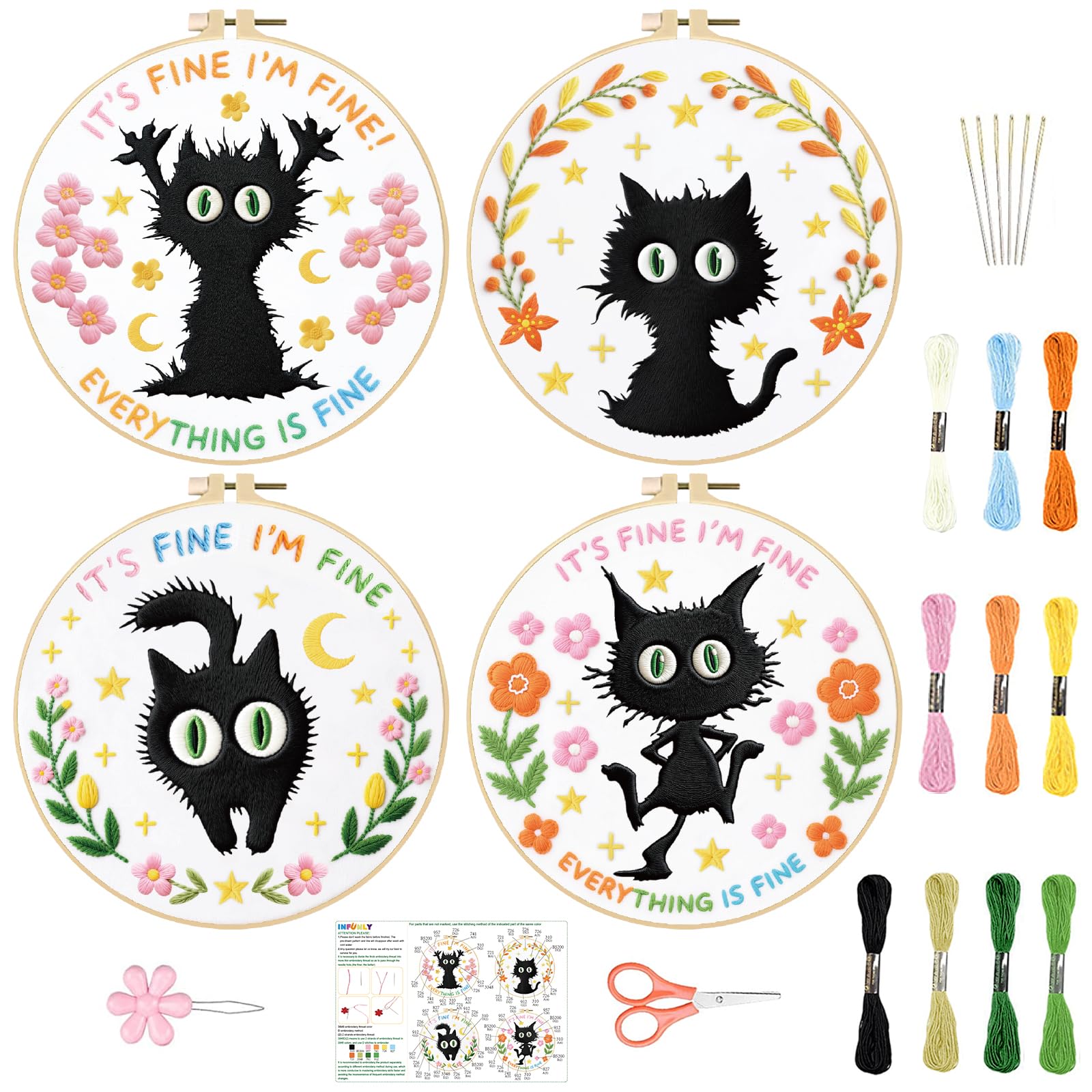INFUNLY 4 Sets Black Cat Embroidery Kit for Beginner Inspirational Embroidery Starter Kit 11.8x11.8 Everything is Fine Hand Stitching Needlework Set with Step-by-Step Instruction for Home Decor