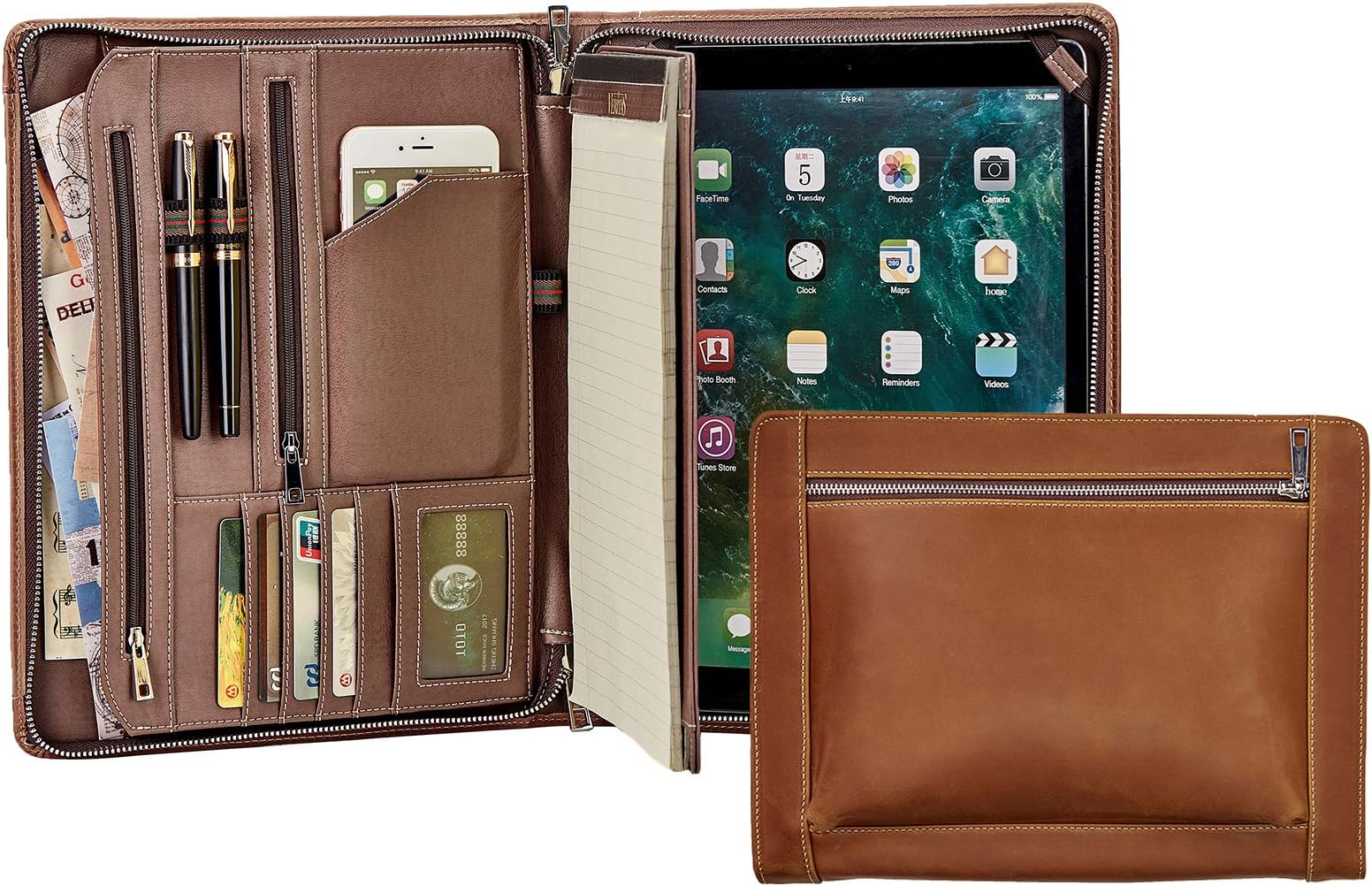 Handmade Vintage Genuine Leather Portfolio,A4 Conference Folder, Padfolio Case for iPad Pro 12.9" 2015 & 2017, Business Organiser Zipped for Men & Women, Brown