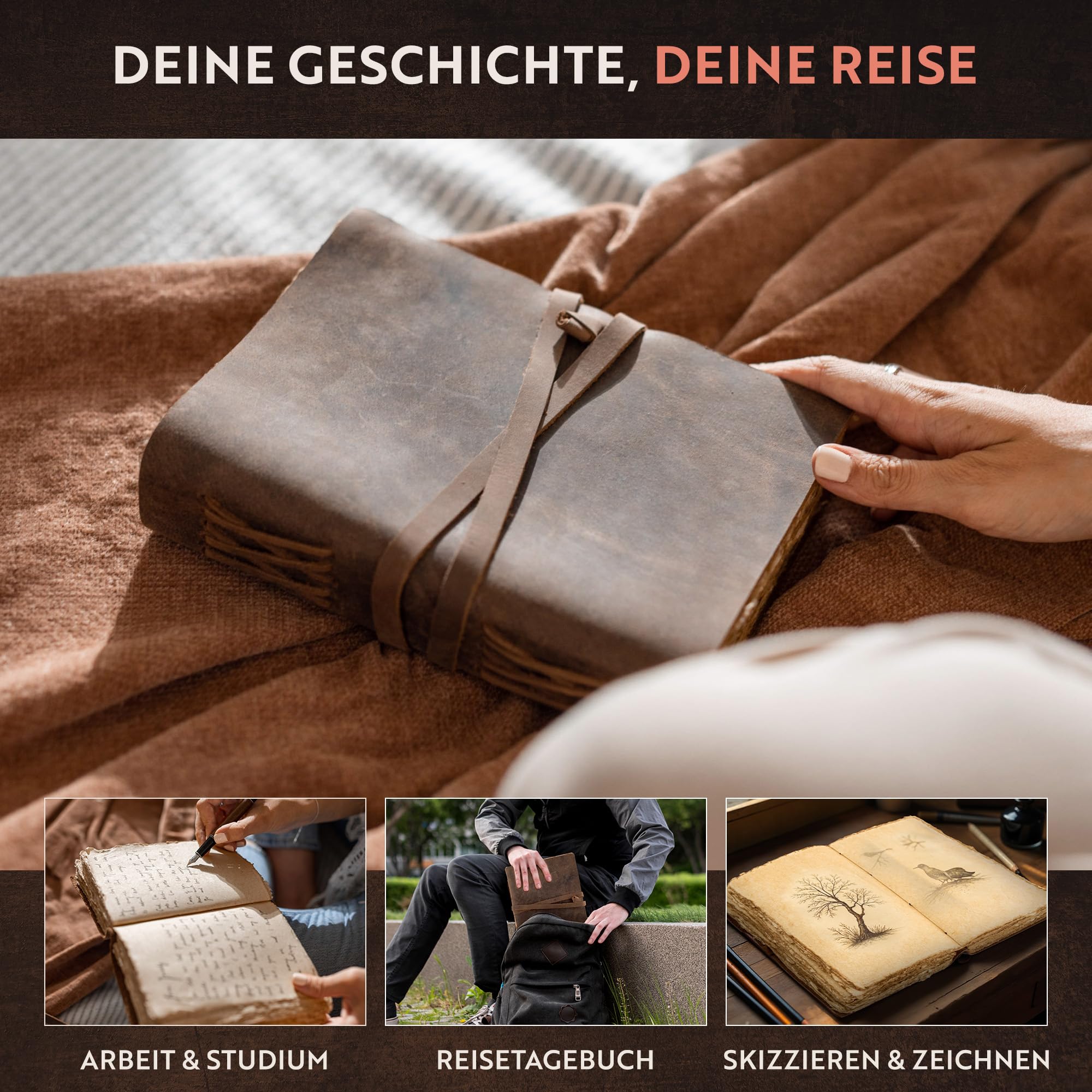 moonster Leder Notizbuch A5 [20x15 cm] aus Büffelleder – Vintage Tagebuch handgemacht mit 240 Seiten, unliniertes 125 g/m² Baumwollpapier, ideal als Skizzenbuch & Reisetagebuch