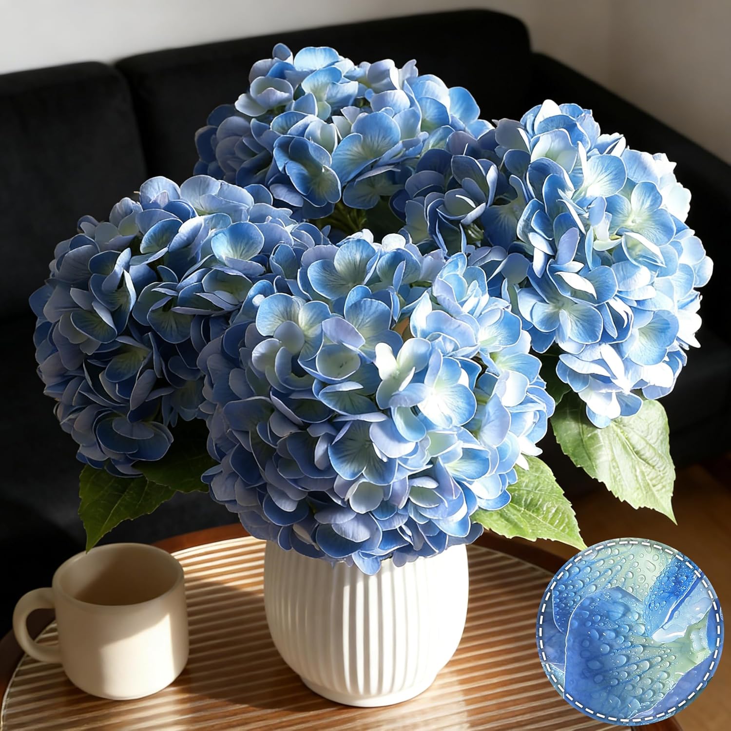 3Pcs Hydrangea Artificial Flowers, 22.44" Real Touch Latex Faux Hydrangea with Long Stems & Leaves for Home Office Decor or Wedding, Party, Centerpieces, Floral Arrangements (Blue)