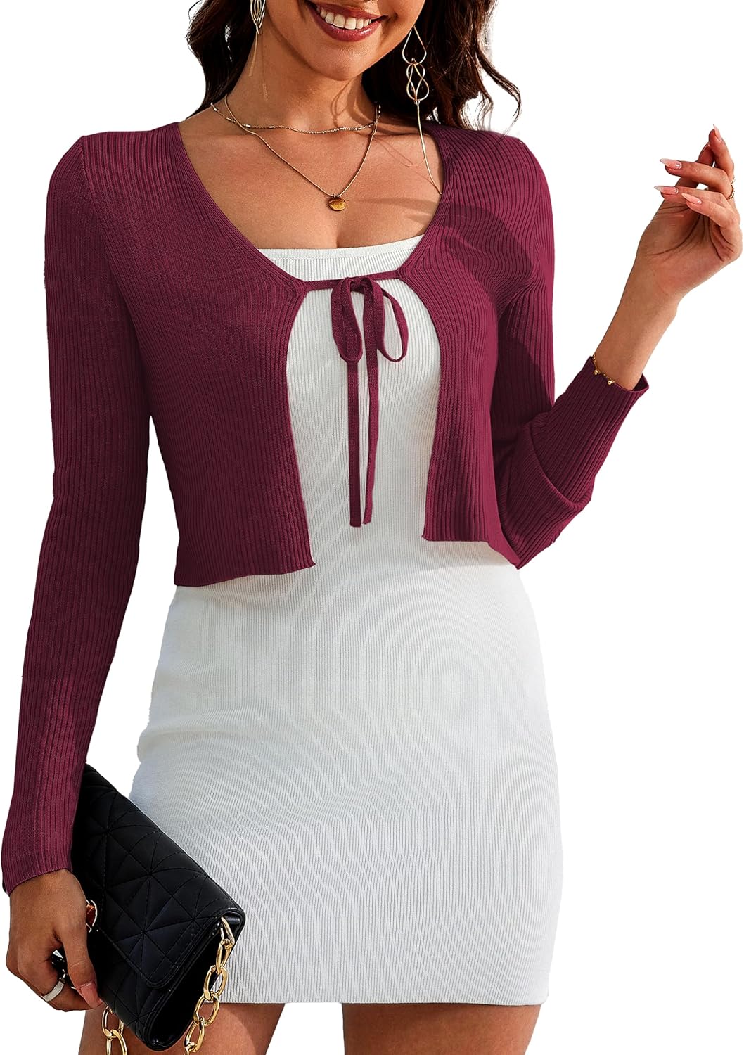 a.Jesdani Women's Shrug Sweaters Tie Front Long Sleeve Rib Knit Bolero Open Front Cropped Cardigan S-1X