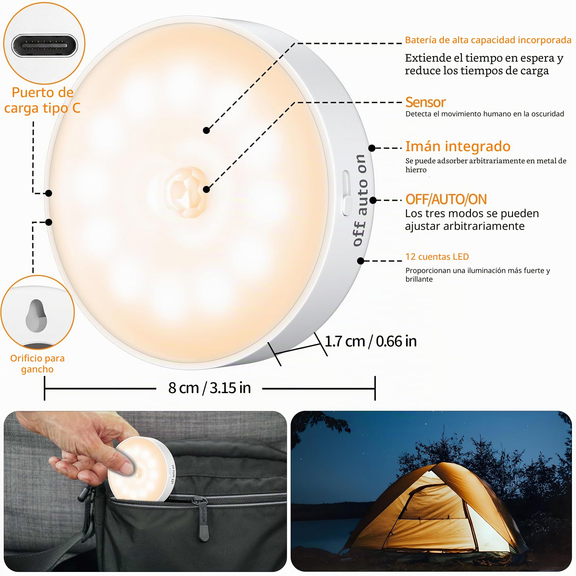 6 Pack Luz Led Nocturna con Sensor de Movimiento,12 LED, Lámpara LED Recargable USB, Luz Nocturna para pared, iluminación de armario, sensor de movimiento interior para escaleras, dormitorio, cocina.