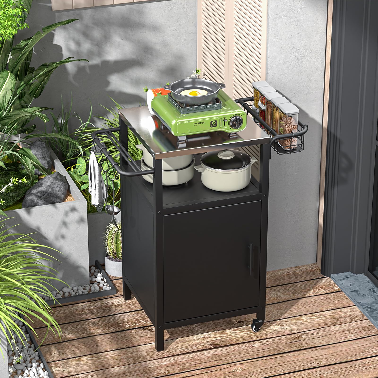 Desserte de Jardin Chariot de Barbecue avec Plateau en Acier Inoxydable, Table de Barbecue et Crochets, roulettes, Porte d'Armoire, Chariot BBQ pour Terrasse Balcon Camping