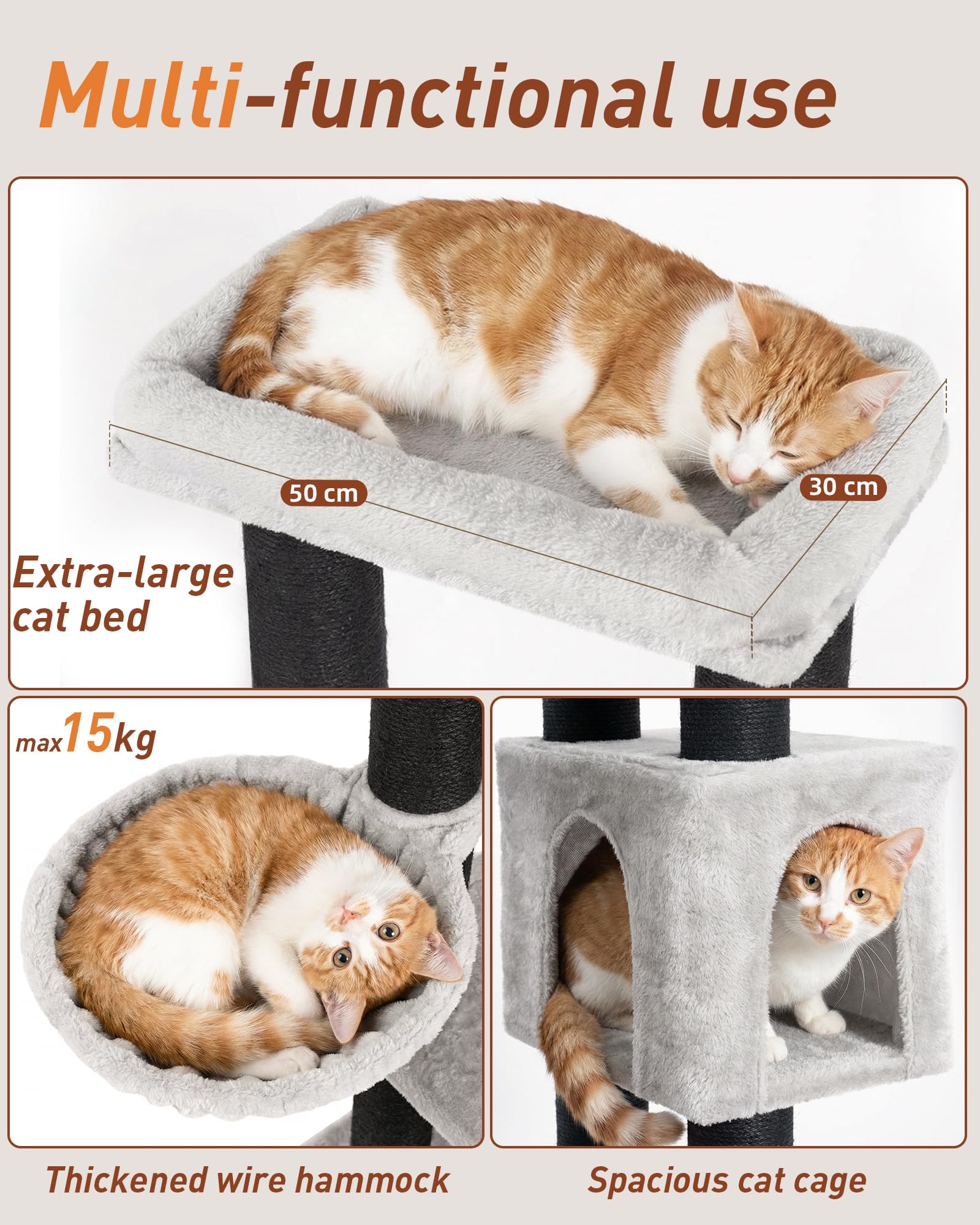 Rascador Grande, 164 cm, para Gatos Grandes, Estable con Troncos de 11 cm, 2 hamacas, 2 Plataformas de Peluche, 2 Cuevas, árbol para Gatos Grandes como Maine Coon