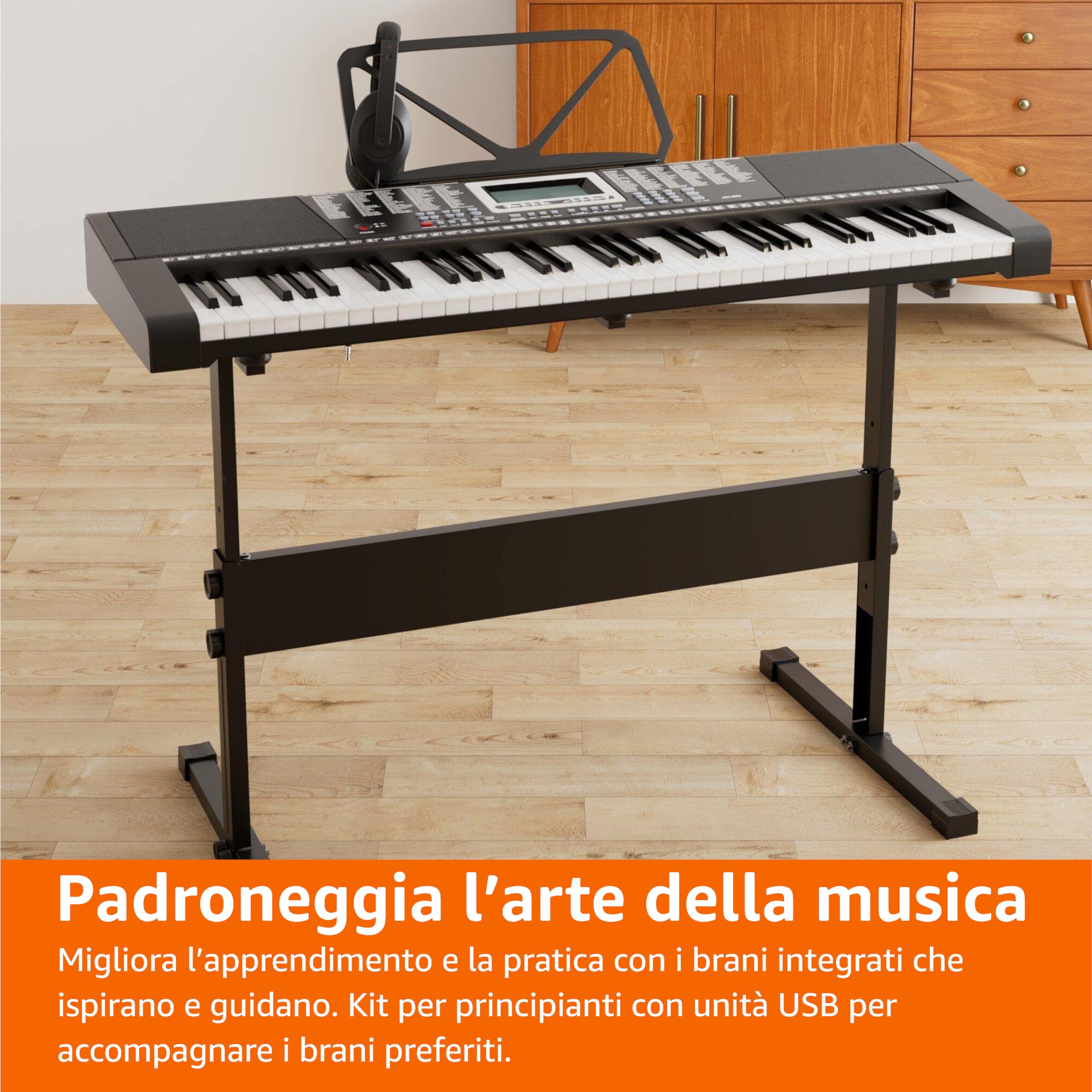 Amazon Basics Pianoforte Digitale Portatile a 61 Tasti per Principianti, Altoparlanti Integrati, 255 Timbri e Ritmi, 50 Canzoni Demo, Leggio e Cuffie Inclusi - Nero