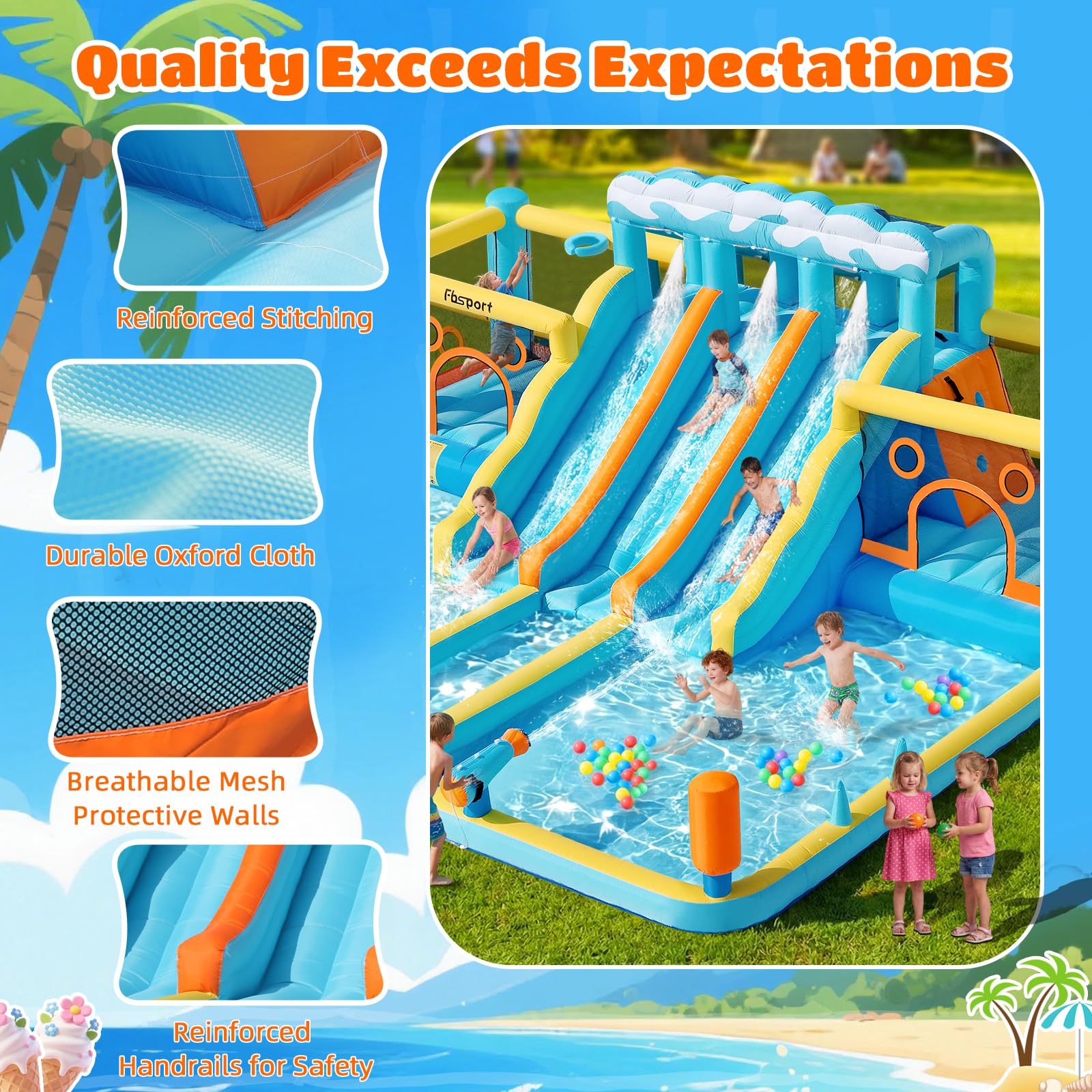 FBSPORT Hüpfburg & Wasserrutsche, 10-in-1 Wasserpark mit 3 Gleiten, 2 Sprungzonen & Kletterwand, 950W Gebläse, Gartenanlage mit Wasserwaffe, Planschbecken & Spielzubehör