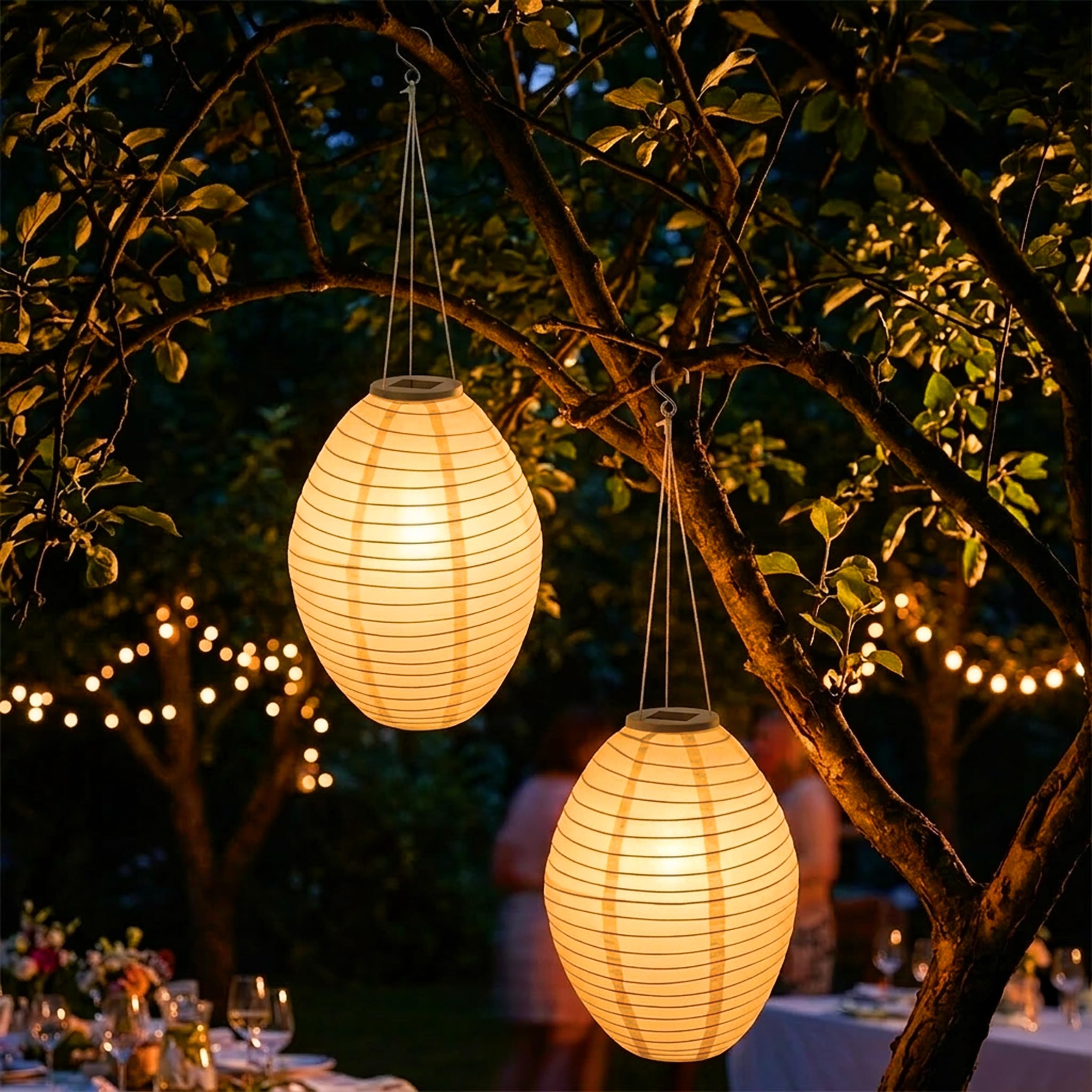 LED Solar Lampion oval 33 x 22 cm aus Nylon - 2er Set - Garten Deko Beleuchtung warm weiß - Solarleuchte Laterne Leuchtkugel Dekoleuchte Partylicht für Außen wetterfest