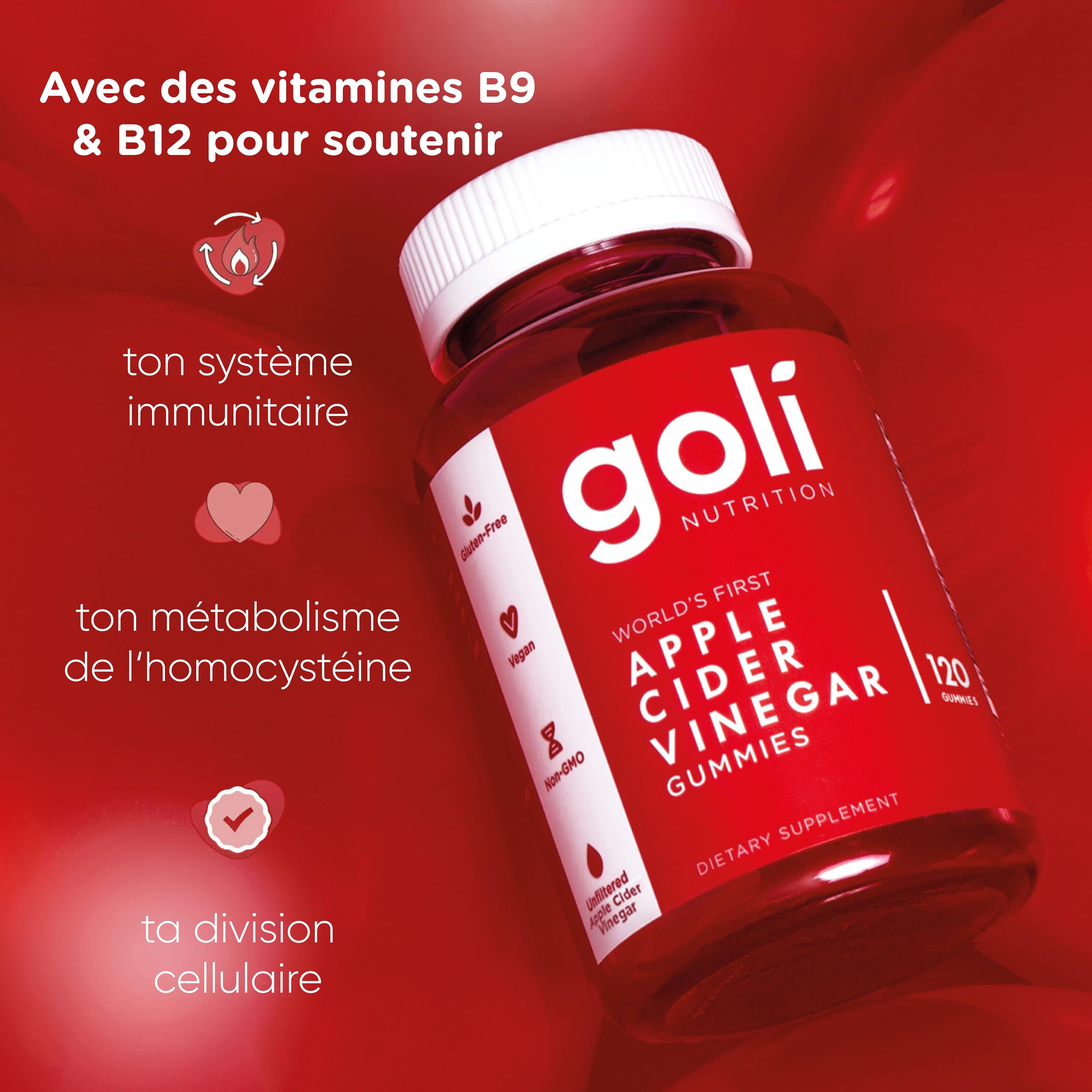 Goli Nutrition, Apple Cider Vinegar Gummies (Gommes au Vinaigre de Cidre), 500mg, 120 Gommes végétaliennes, Sans Gélatine, Testé en Laboratoire, Sans Gluten, Végétarien, Sans Soja, Sans OGM