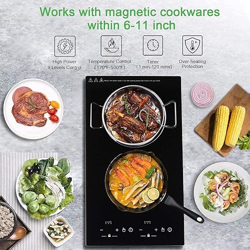 Miniatura 7 de Estufa de inducción de 12 pulgadas, placa de cocción de inducción doble de 2 quemadores 110v-120v estufa eléctrica, encimera e incorporada, 9