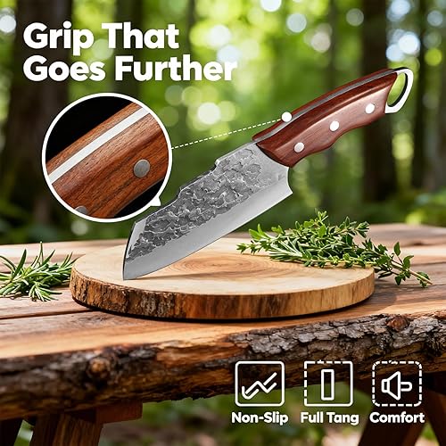 Miniatura 7 de KOFERY Cuchillo de carnicero japonés hecho a mano, cuchillo pequeño con funda para cocina, campamento y barbacoa, gran idea de regalo