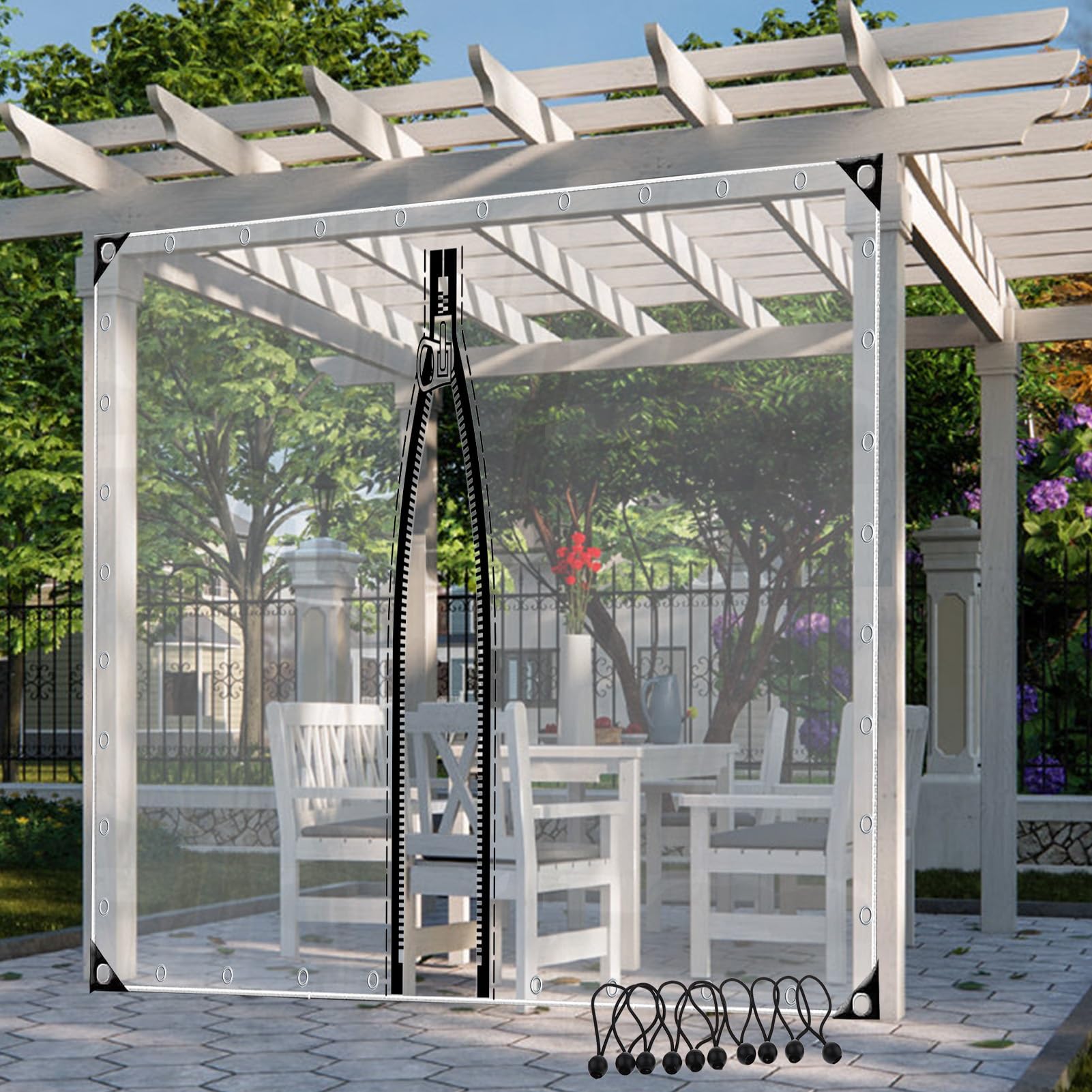 Rideaux D'extérieur Imperméables Transparents avec Porte À Fermeture Éclair, Panneau de Bâche en PVC Robuste pour Pergola, Porche, Tonnelle(6.6'x6.6'(2x2m))
