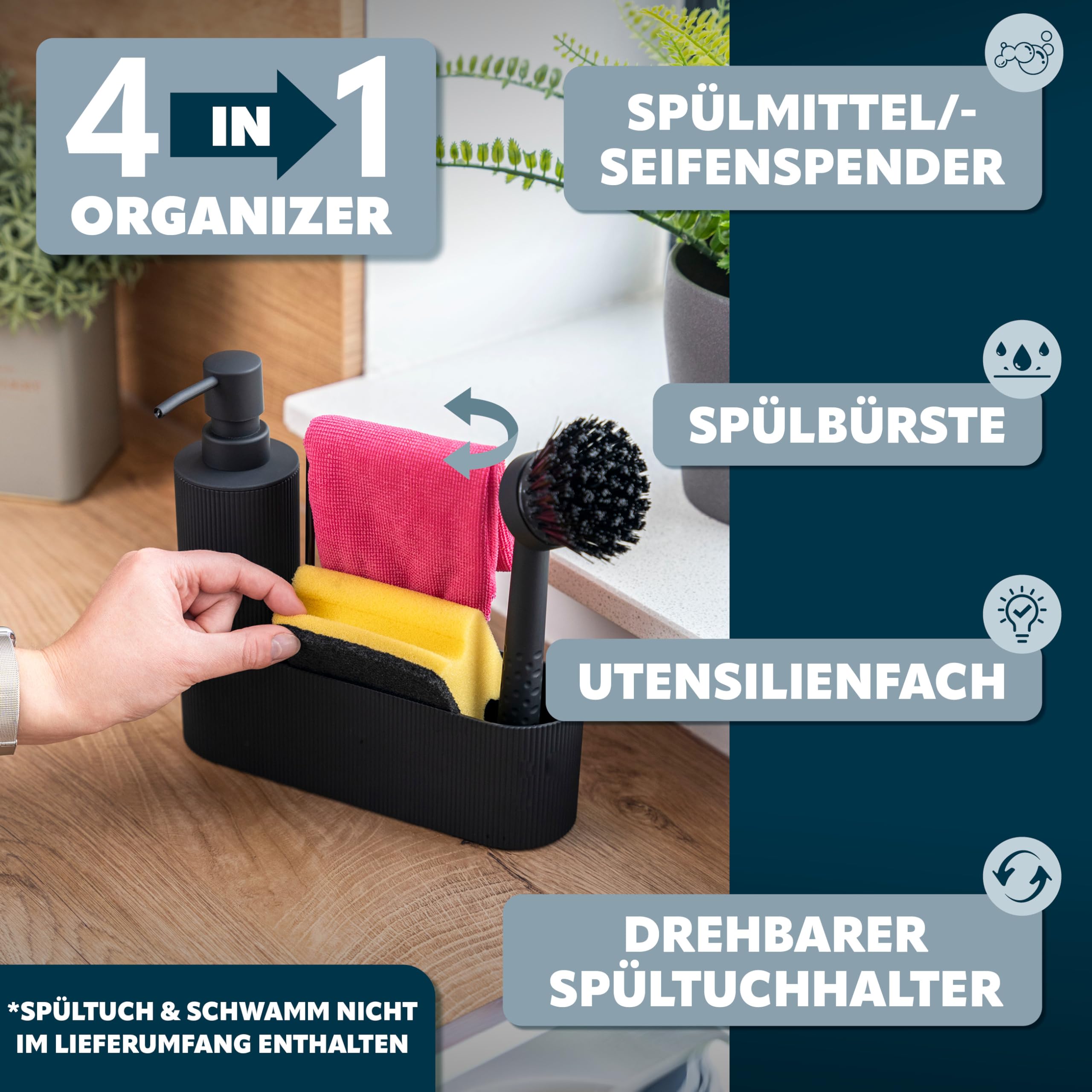 eluno Spül-Set 2er, bestehend aus Spülbecken-Organizer mit Soft-Touch Oberfläche und Abtropfmatte inkl. Abtropfgestell für 9 Teller, Geschirrspülset inkl. Seifenspender mit 350 ml Volumen, schwarz