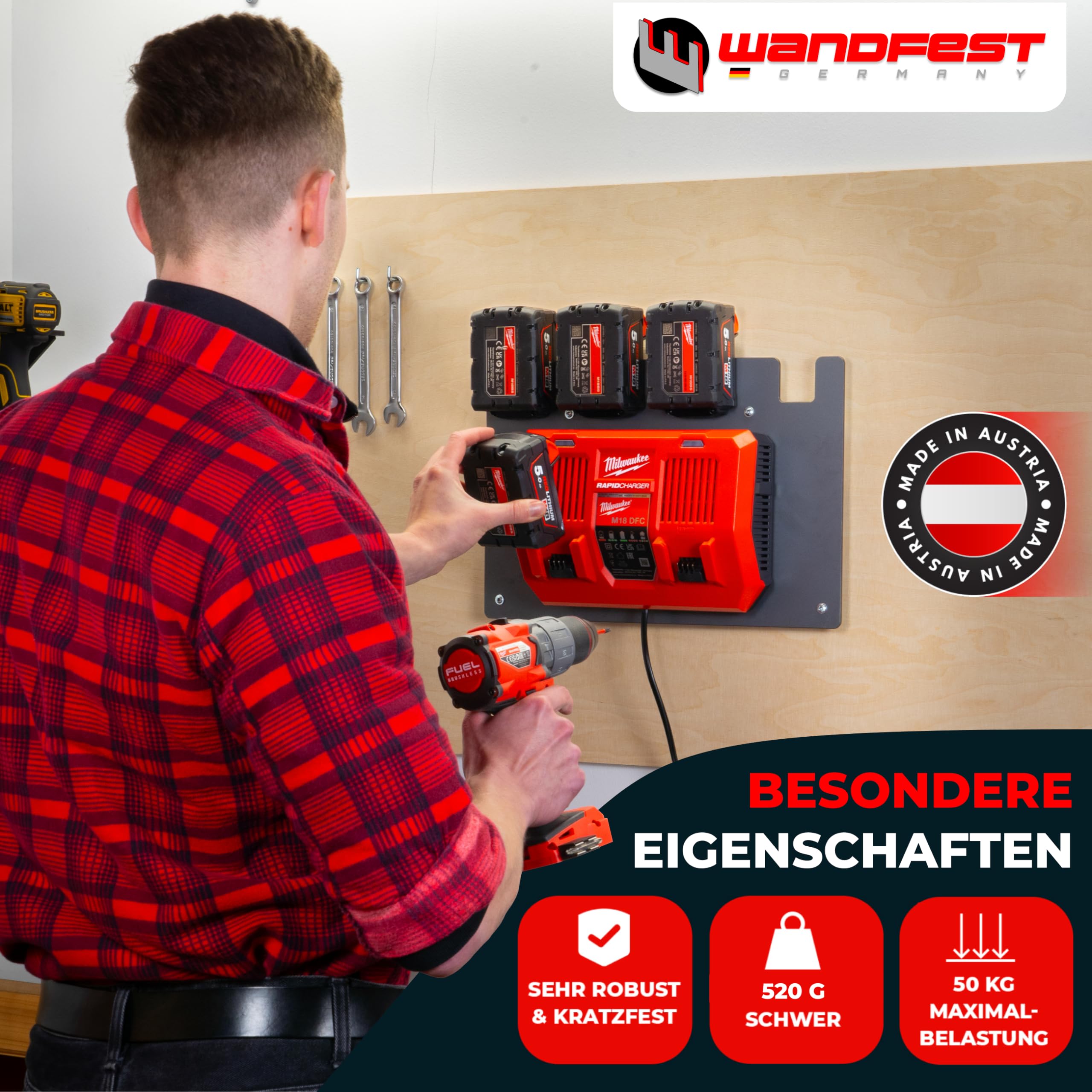 Wandfest® Supporto da parete per batterie e caricabatterie Milwaukee, con materiale di fissaggio, prodotto in Austria, supporto per batteria Milwaukee per 1-4 batterie | Ora più ordine in officina e