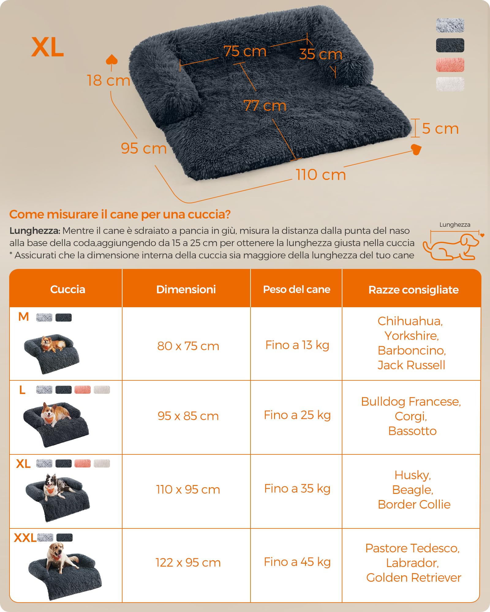 Feandrea FluffyHug Cuccia per Cani di Peluche, Tappeto Copridivano per Animali, Divano per Cani, XL, per Cani di Taglia Meida e Grande, 110 x 95 x 18 cm, Grigio Scuro PGW223G02