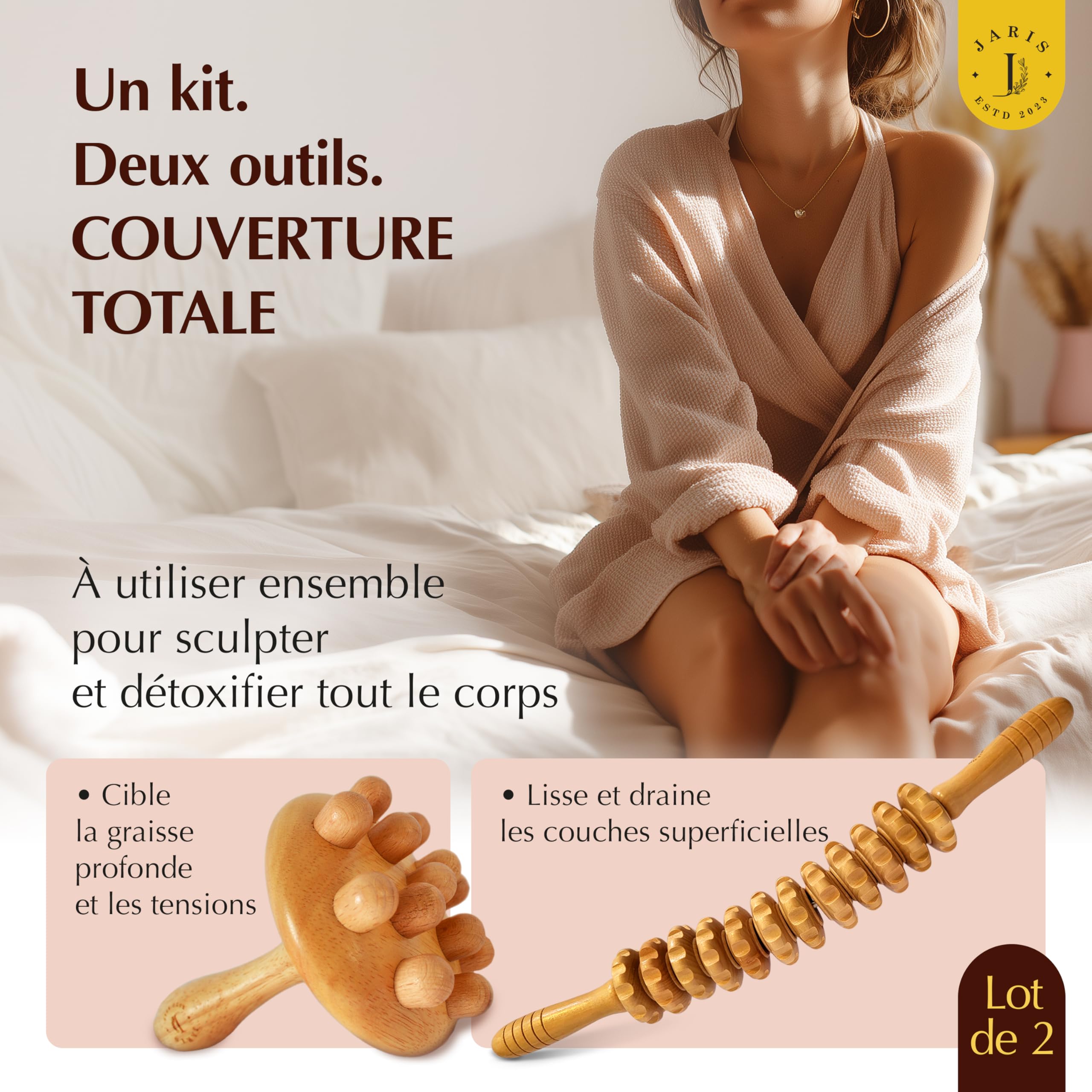 Kit Maderothérapie Ventre Plat – Anti-Cellulite pour Maison – Drainage Lymphatique & Massage Raffermissant – Rouleau Bois + Champignon – Améliore la Circulation – Guide en Ligne (QR Code)