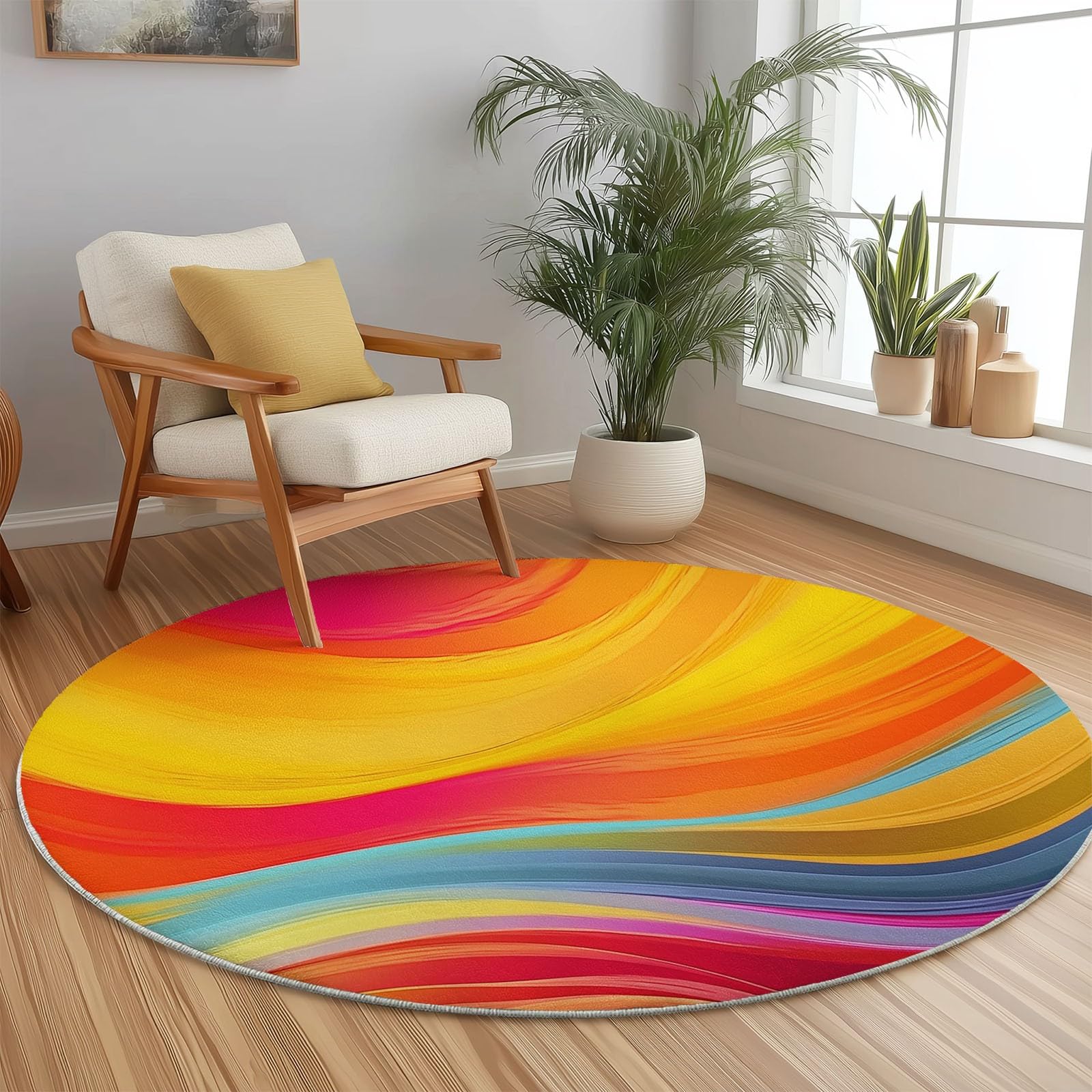 Generico Tappeto rotondo lavabile Colorato - Astratto Arcobaleno Onde Strisce Resistente interni Tappeti per Bambini Cameretta balcone sala da pranzo terrazza, 150 cm Antiscivolo Tappetino