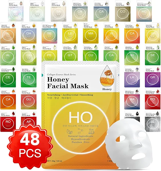 VESPRO Collagen Essence Sheet Facial Masks (48 Pack), Bulk Sheet Masks for Face, Skincare for All Skin Types, Moisturizing and Soothing, Natural Skin Care Spa Face Mask