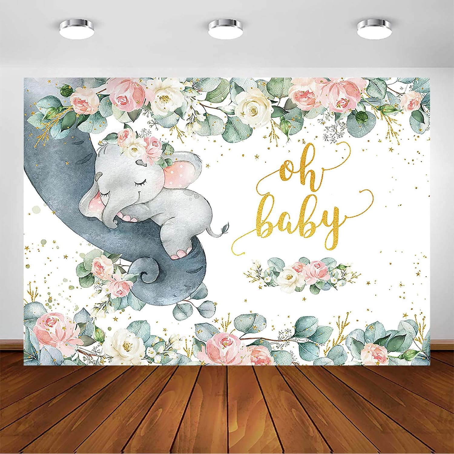 Avezano Greenery Elephant Oh Baby Backdrop for Baby Shower Party Decorations Photoshoot Photography Background Rustic Eucalyptus Jungle Green Gold Elephant Baby Shower Party Backdrops (10x7ft, Pink)