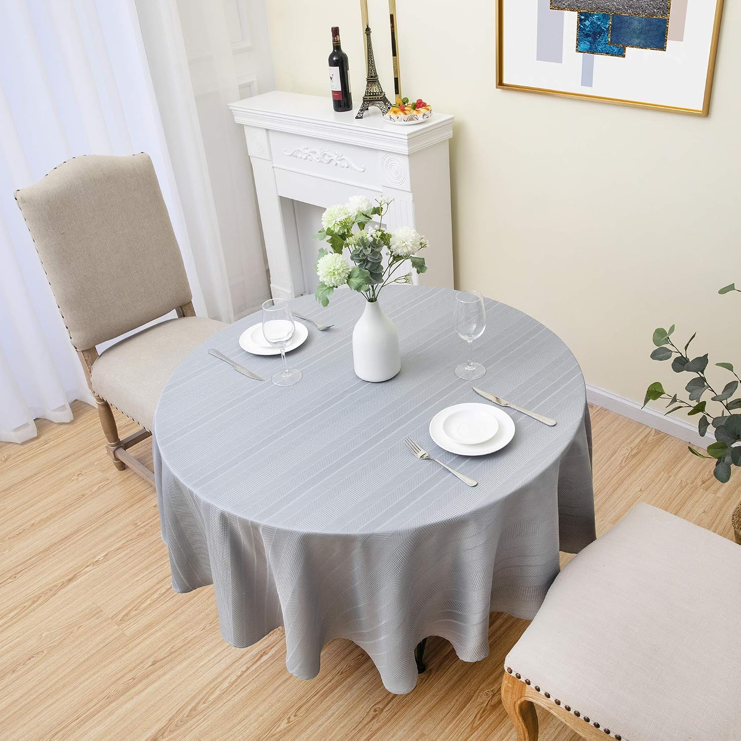 Randall Farmhouse Round Tablecloth Grey 70“ Waffle Stripe Water Resistant Dust-Proof Table Cover for Kitchen Dinning Party Tabletop Decoration (70“×70“, Silver Grey)