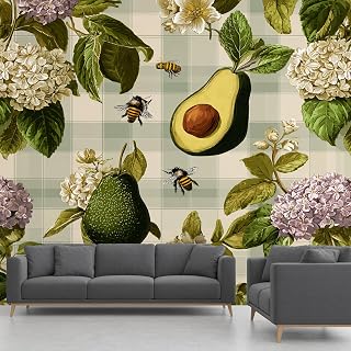Avocado Mural, Buffalo Plaid Wall Paper, Fruit Flower Lattice Wallpaper, for Apartment Bedroom Living Room Silk Panoramic Wall Mural 137"x96" (Not Peel and Stick)