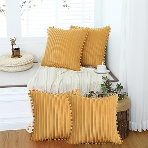 Oirpro Fall Yellow Throw Pillow Covers 18x18 Set of 4 Soft Corduroy Modern Boho Accent Cushion Covers with Pom-poms Decorative for Couch Bed Sofa Living Room