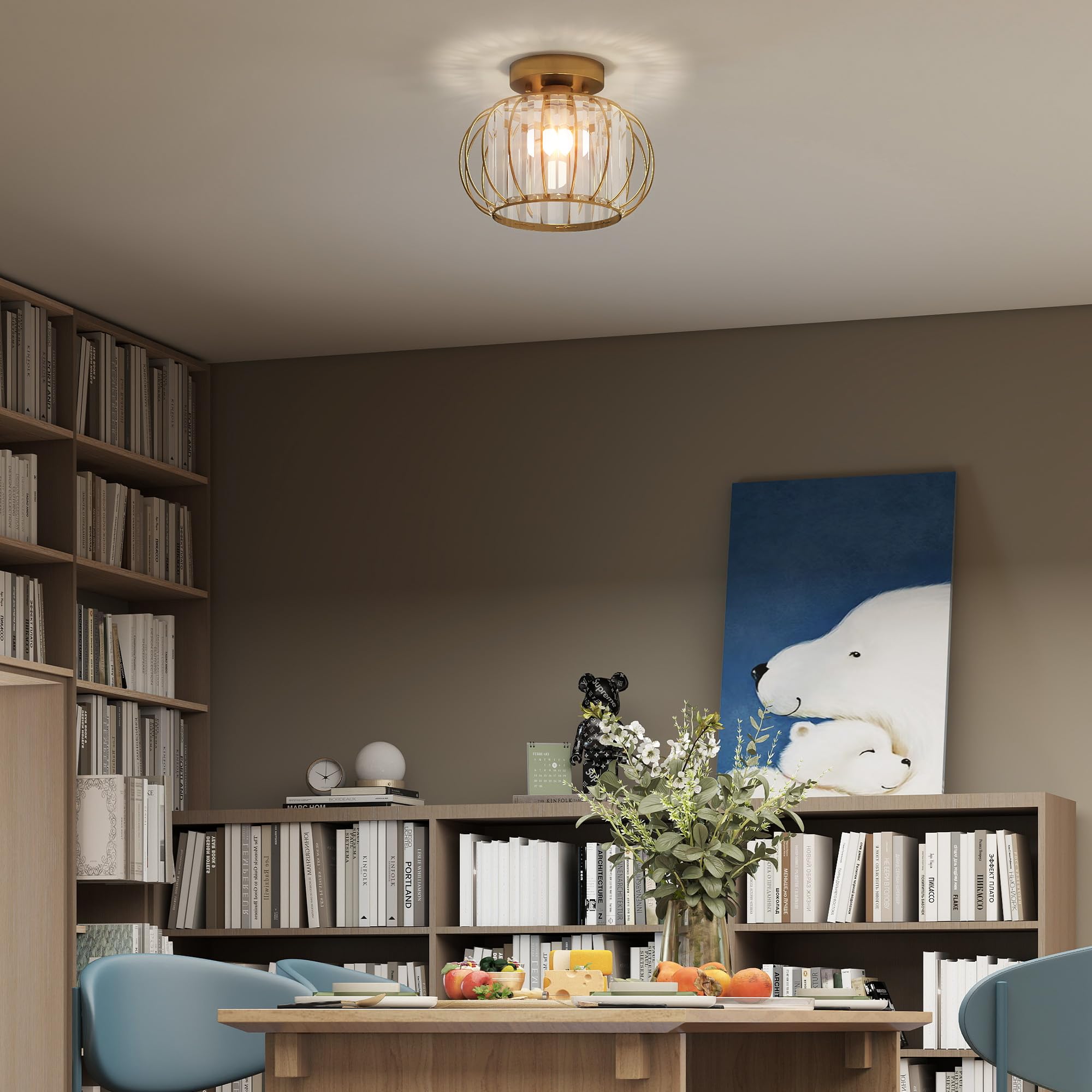 HOMCOM Plafoniera LED Moderna a Gabbia con 18 Cristalli Ø27x19 cm Oro | Minimal, Lampadario LED in Metallo, Camera da Letto