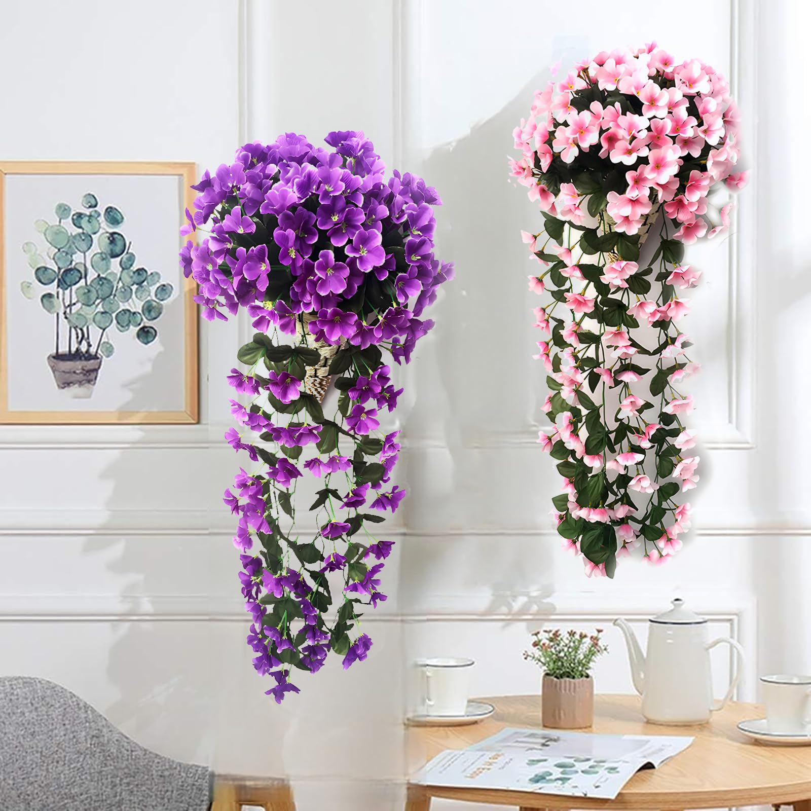 INQCMY Fiori artificiali da appendere in cesto, decorazione per patio, giardino, pianta artificiale con fodera in cocco, fiori di begonia per la decorazione di esterni e interni (viola