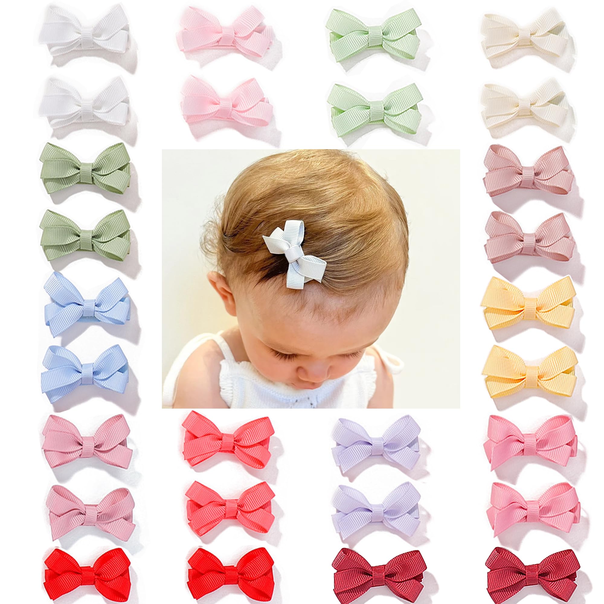 28 Pack 2'' Mini Bow Snap Clips,Baby Girls Grosgrain Ribbon Bows