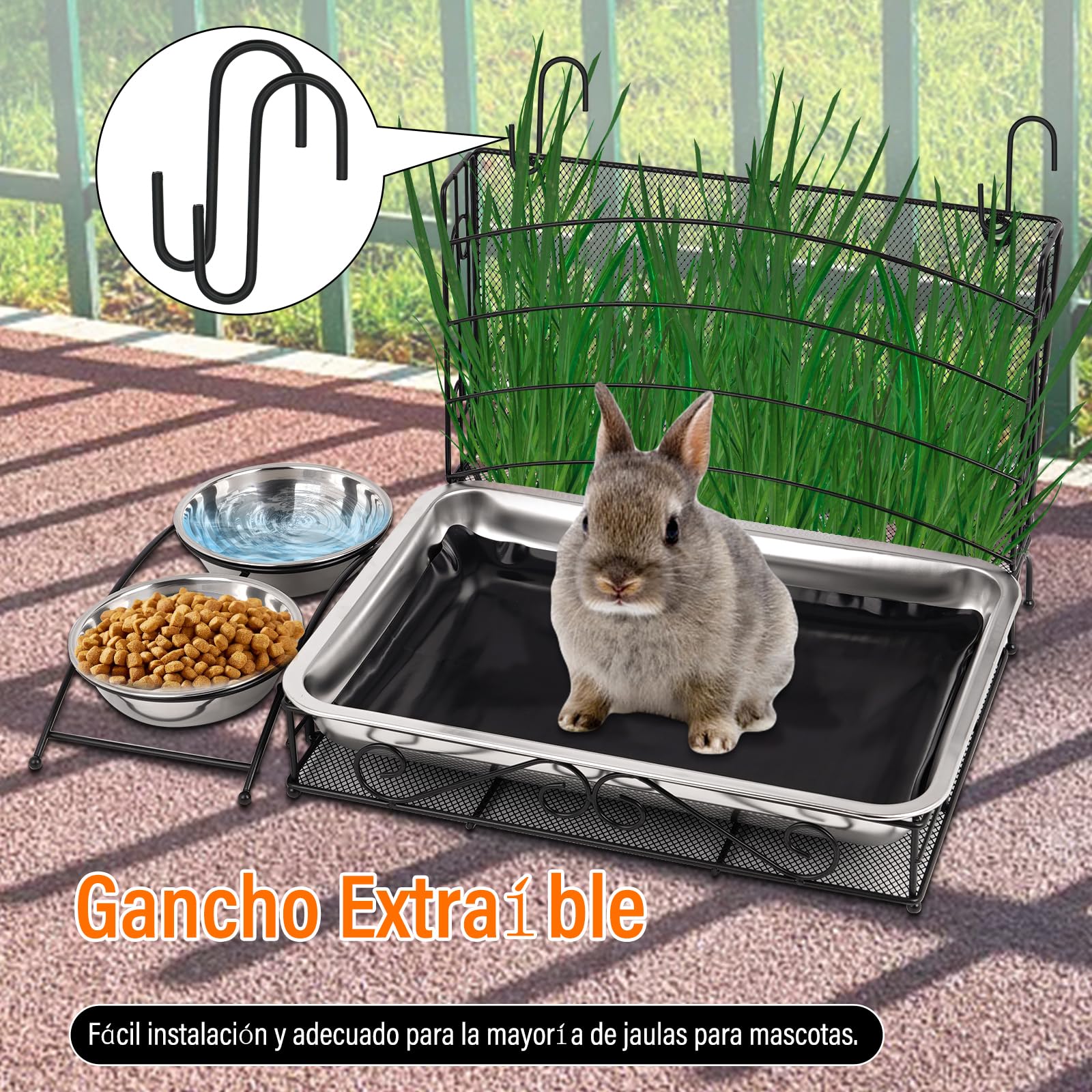 Comedero Para Conejos, Henero MetáLico Para Conejos con Alfombrilla Impermeable y Bebedero Dispensador Para Hamsters, PequeñOs Animales DoméSticos Comedero AutomáTico