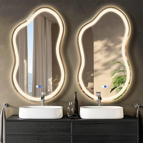 Espejo de baño LED irregular, dorado de 24 x 36 pulgadas, espejo de tocador de una sola pieza con luces IP54 mejorado, antiniebla, 3 colores