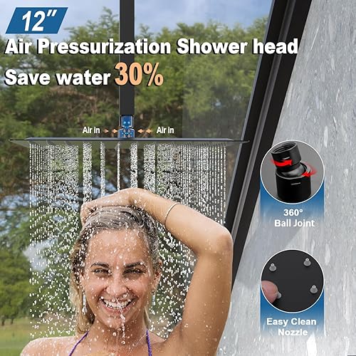 Miniatura 4 de Sistema de ducha de lluvia negro mate con chorros, sistema de ducha de lluvia de montaje en techo de 12 pulgadas y rociador de mano, juego combinado