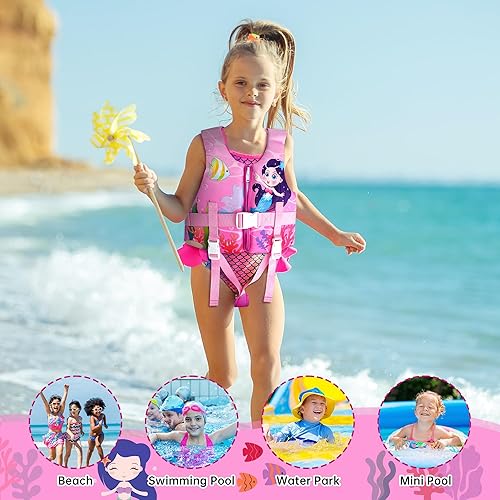 Miniatura 5 de Chaleco de natación para niños, flotadores para niños pequeños con correa de seguridad ajustable, ayuda a la natación, traje de baño para niños y