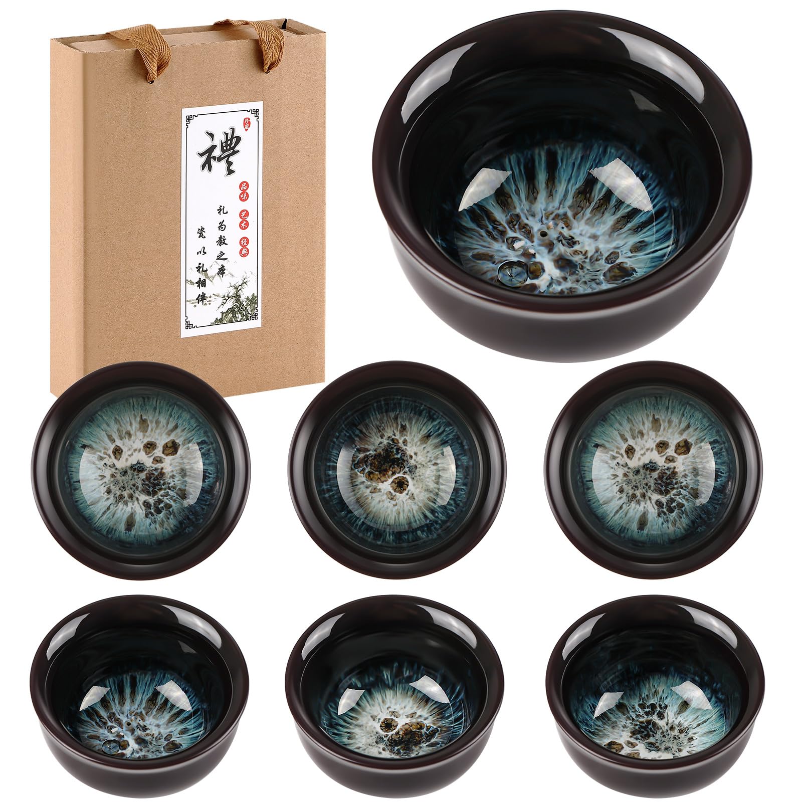 Skyley 6 Pieces Korean Soju Shot Glasses Sets Porcelain Cups Korean Ceramic Cups Tea Accessories Drinkware, Handcrafted Ceramic(Dark Brown,Sand Gold Pattern)